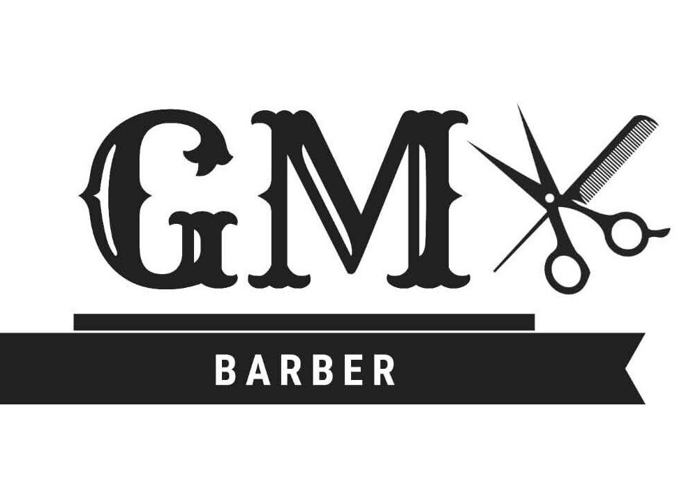 Logotipo de GM Barber en Lanús, Provincia de Buenos Aires, AR, con tijeras y peine estilizado.
