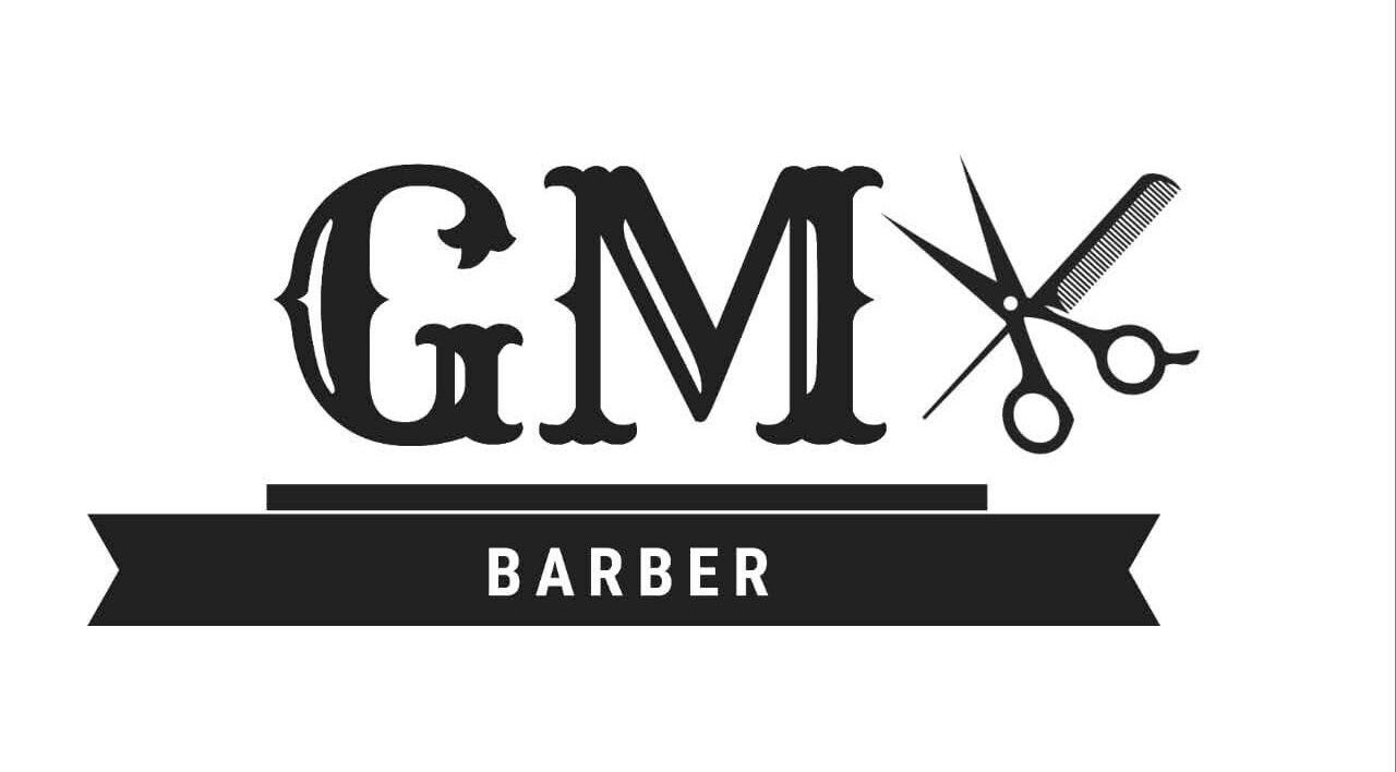 Logotipo de GM Barber en Lanús, Provincia de Buenos Aires, AR, con tijeras y peine estilizado.
