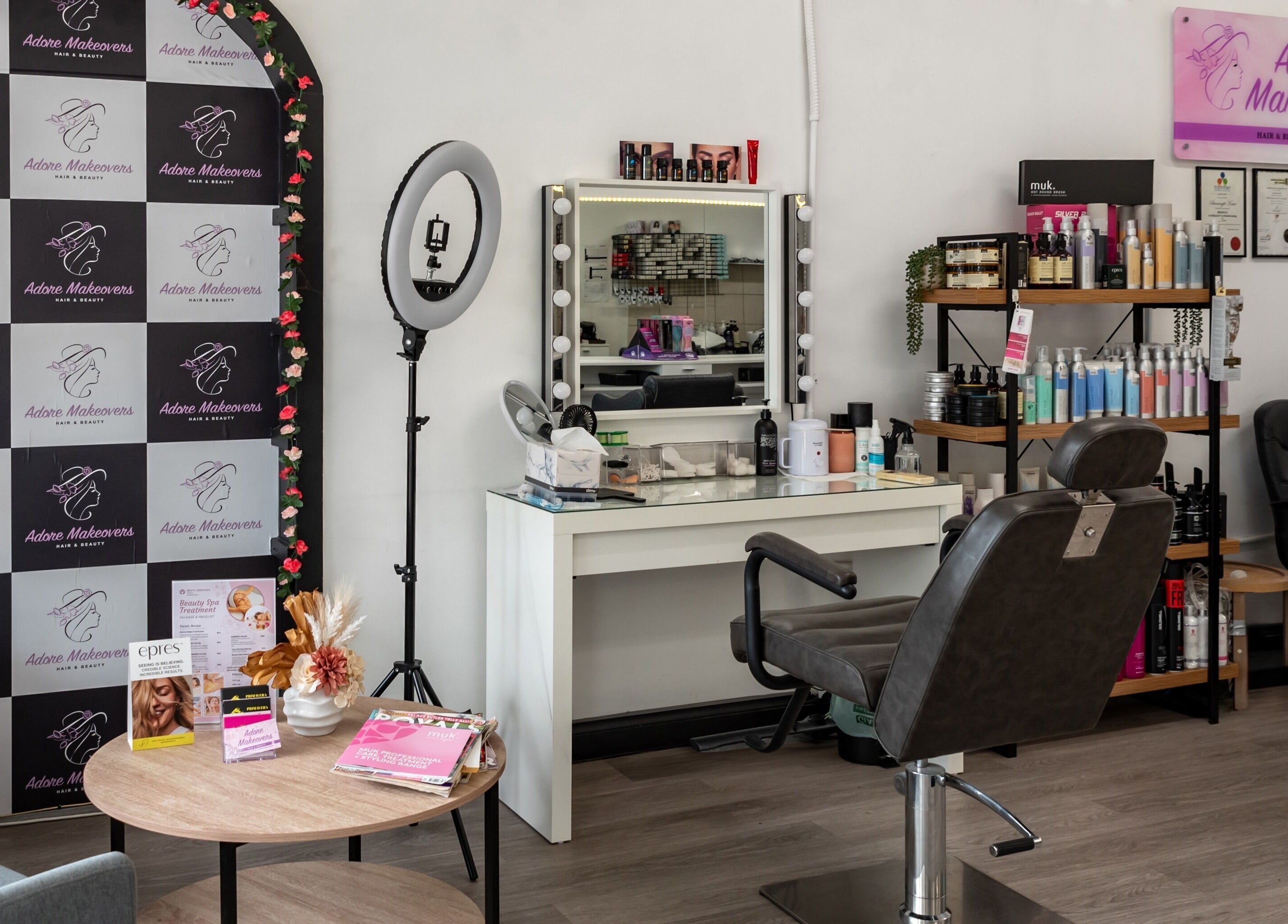 Glamorous salon interior at Adore Makeovers, Newton, South Australia, featuring a chic styling station.