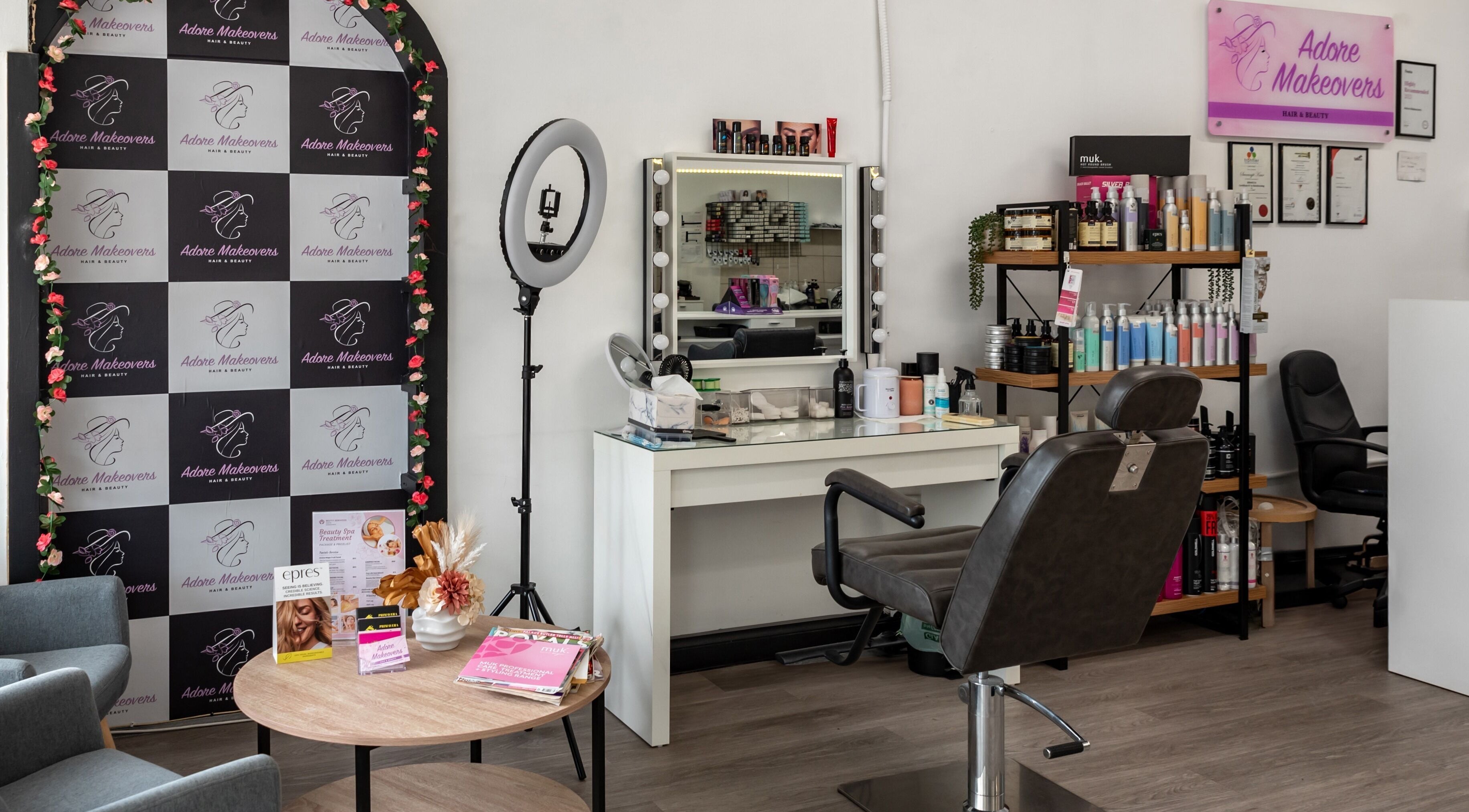 Glamorous salon interior at Adore Makeovers, Newton, South Australia, featuring a chic styling station.