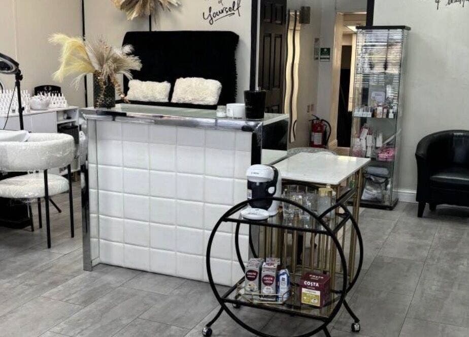 Modern interior of Tranquil beauty and wellness in Liverpool, England, GB with stylish décor and seating.