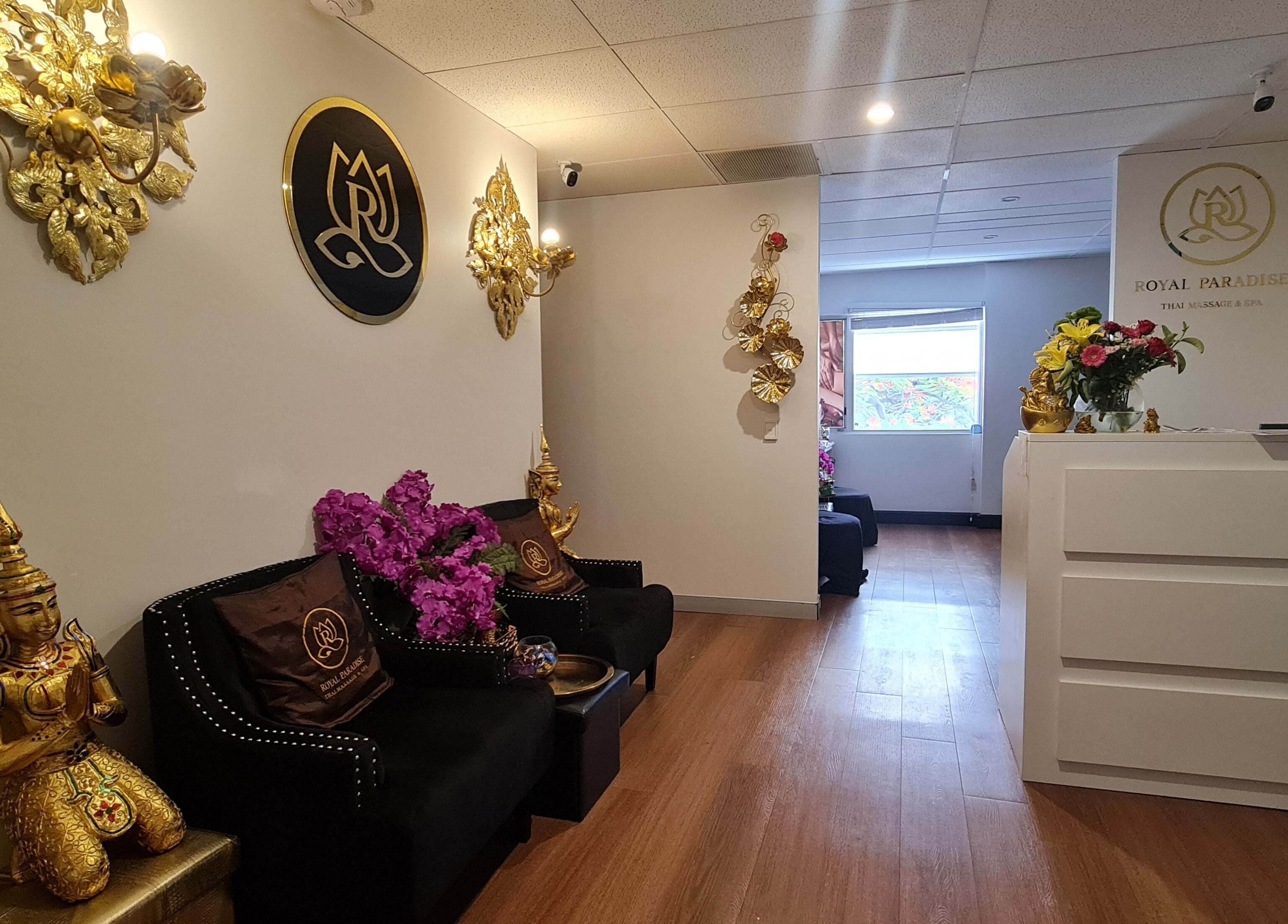 Reception area with Thai decor at Royal Paradise Thai Massage and Remedial in Milton, Queensland, AU.