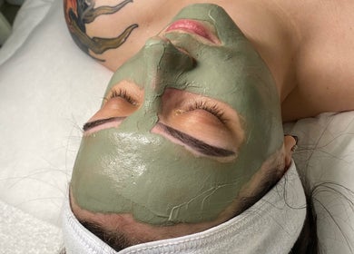 Client enjoys a relaxing green clay mask facial at Simply Skin and Beauty, Alkimos, Western Australia, AU.