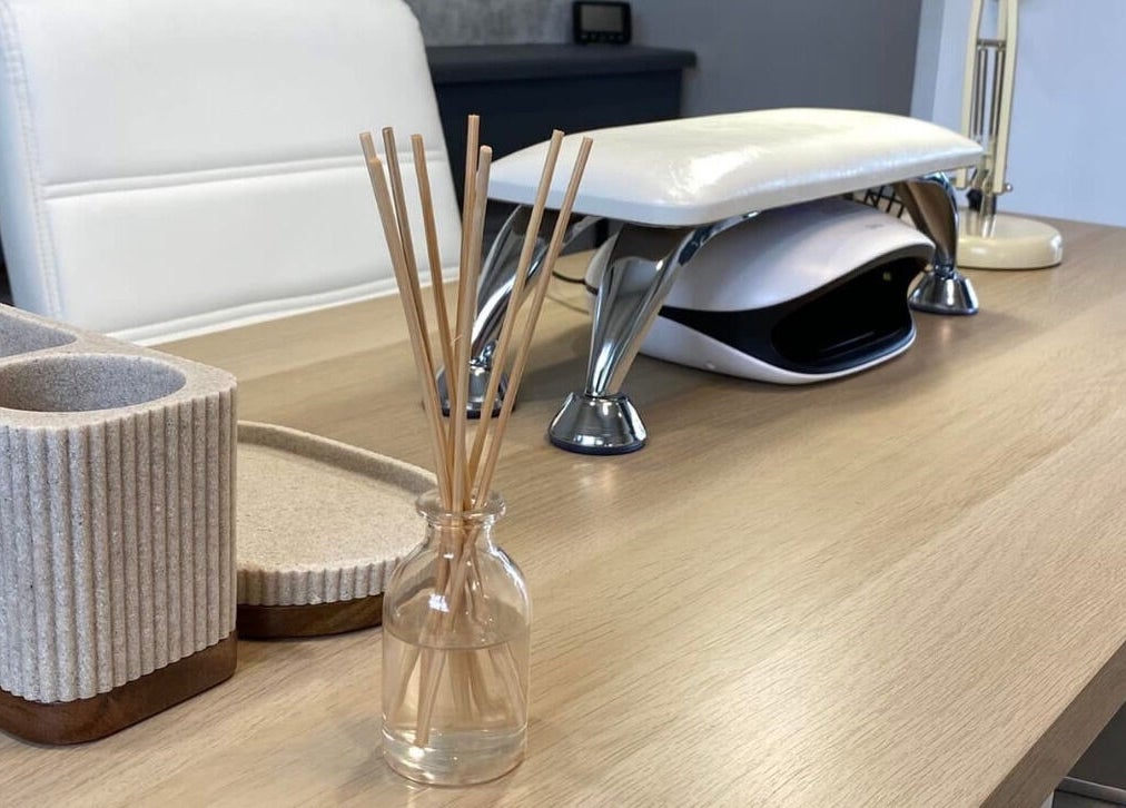 Stylish nail station at Nails by Erika in Morley, England, GB featuring chic decor and modern tools.