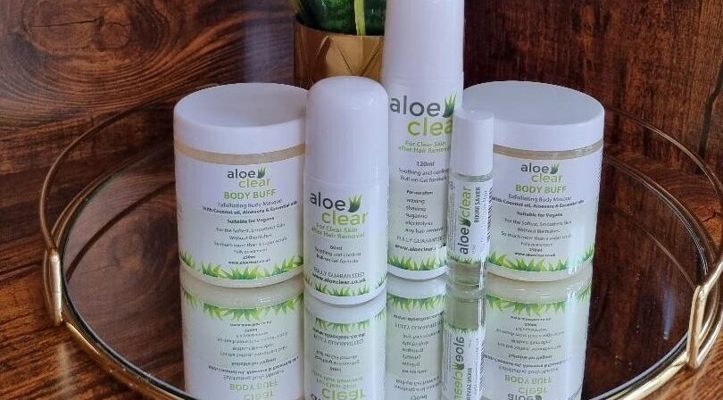 Aloe Clear skincare products displayed at Be Bare Beauty in Harlow, England, GB, exemplifying natural beauty.