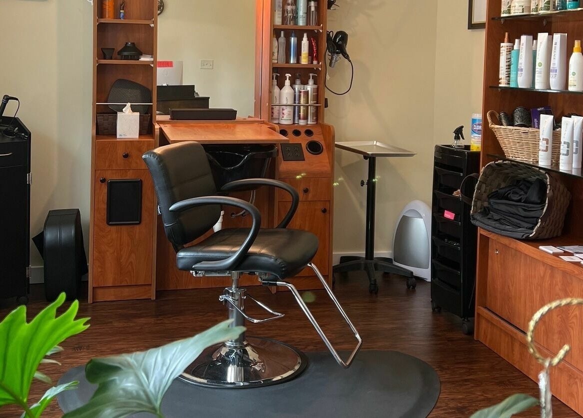 Salon chair and products at Laporte’s Hidden Gem Day Spa, Laporte, Pennsylvania, US.