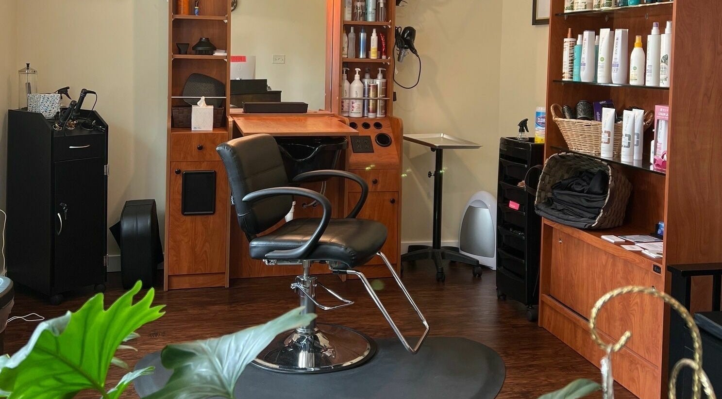 Salon chair and products at Laporte’s Hidden Gem Day Spa, Laporte, Pennsylvania, US.