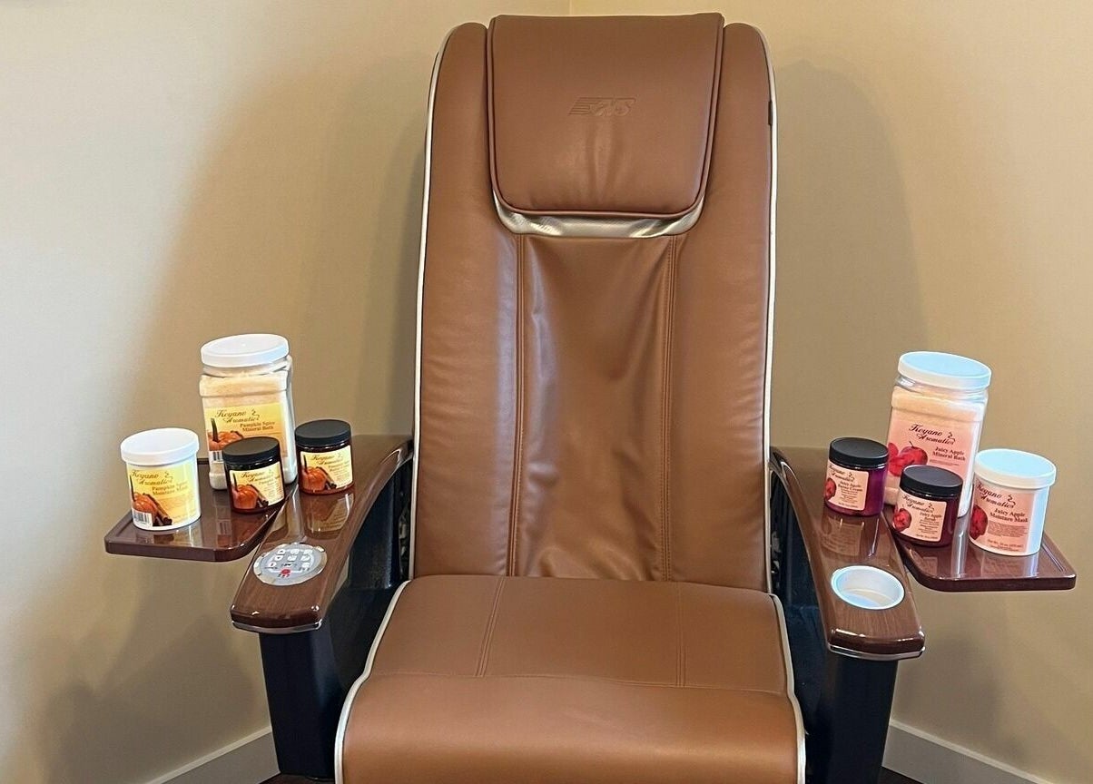 Relaxing spa chair at Laporte’s Hidden Gem Day Spa in Laporte, Pennsylvania, US, surrounded by wellness products.