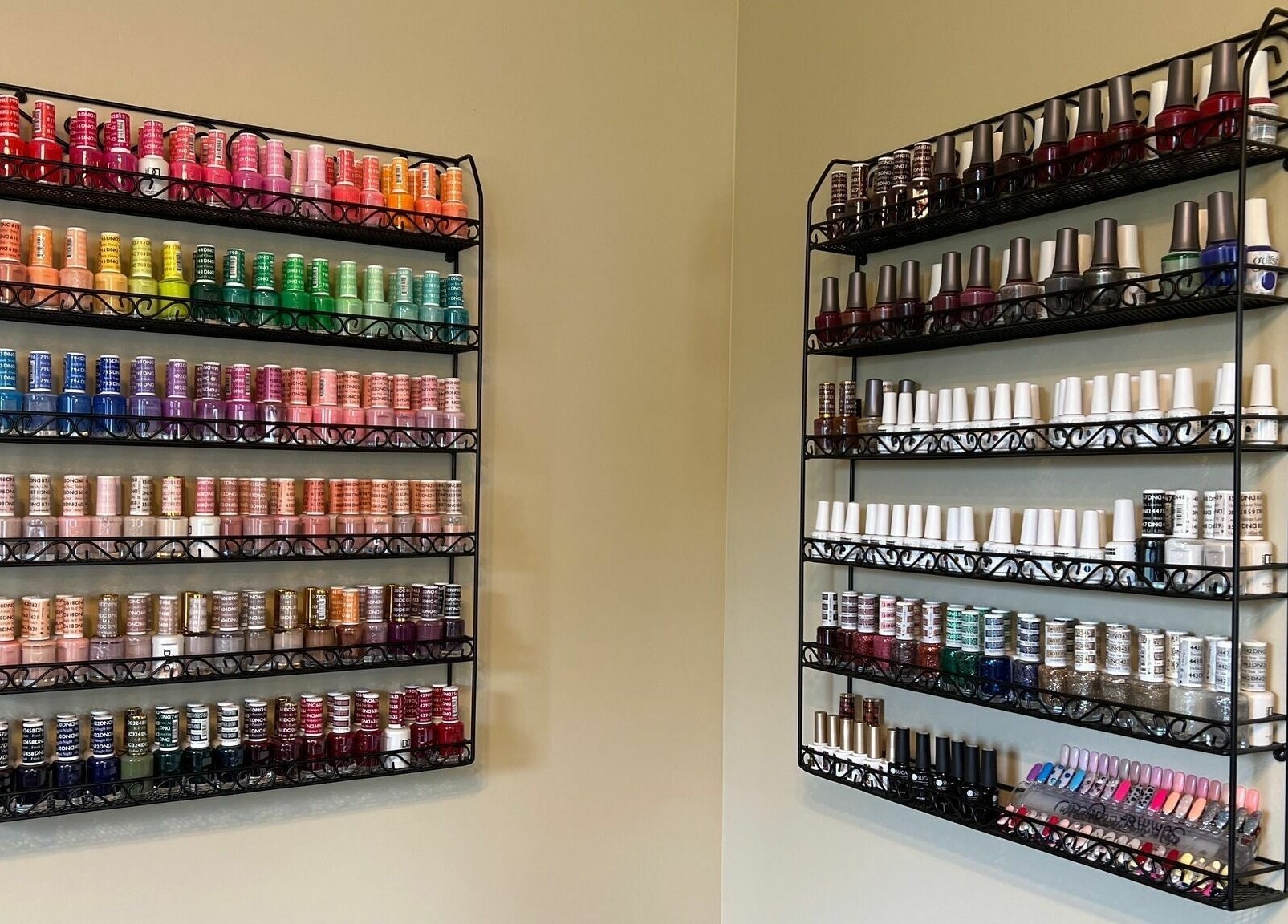 Vibrant nail polish display at Laporte’s Hidden Gem Day Spa, Laporte, Pennsylvania, US.