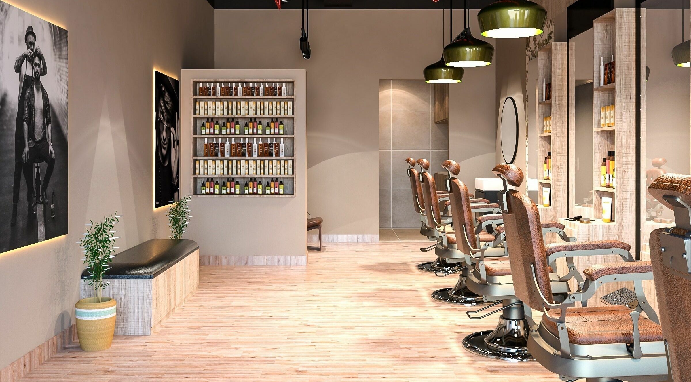 Interior of Relaxxa Mens Salon, Dubai, AE showcasing elegant barber chairs and product display.