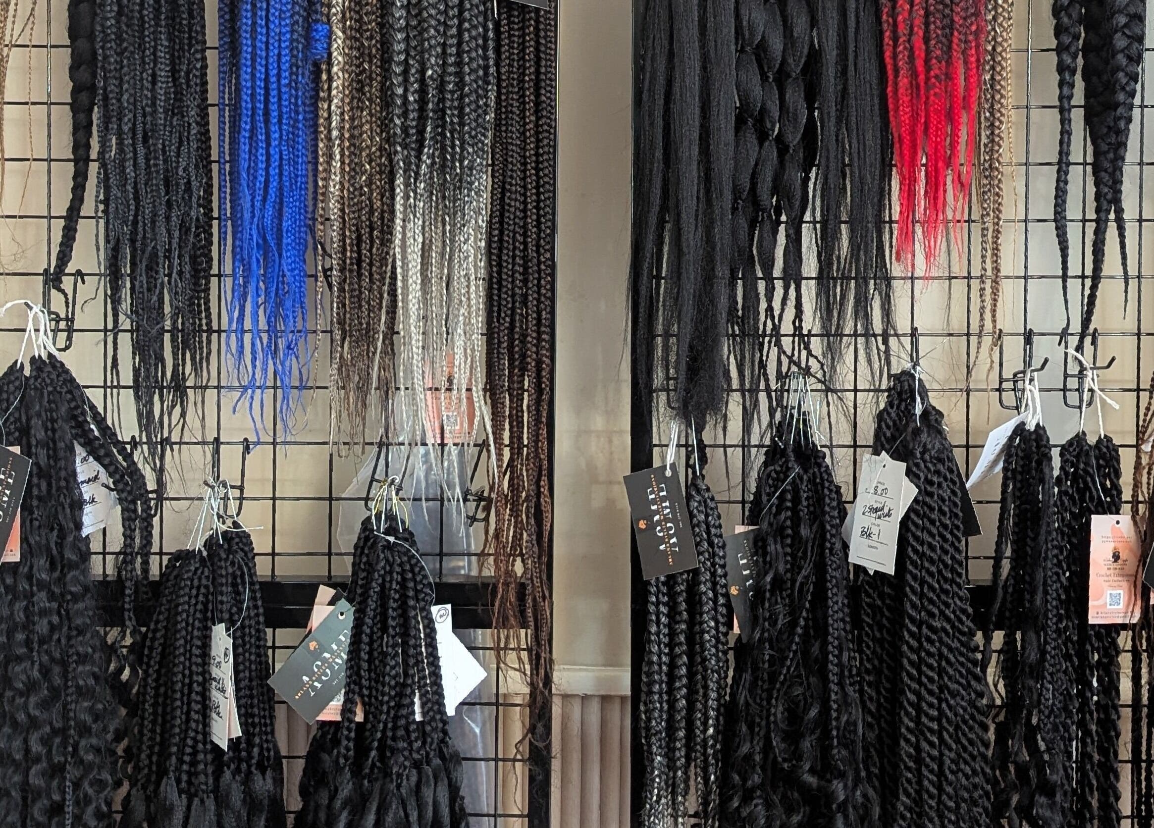 Colorful hair extensions on display at Arlana Styles Manextensions (ASME), Latta, South Carolina, US.