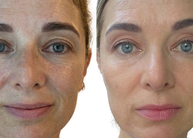 Before and after skincare results at Awakened Skin, North Miami, Florida, US showing radiant skin improvement.