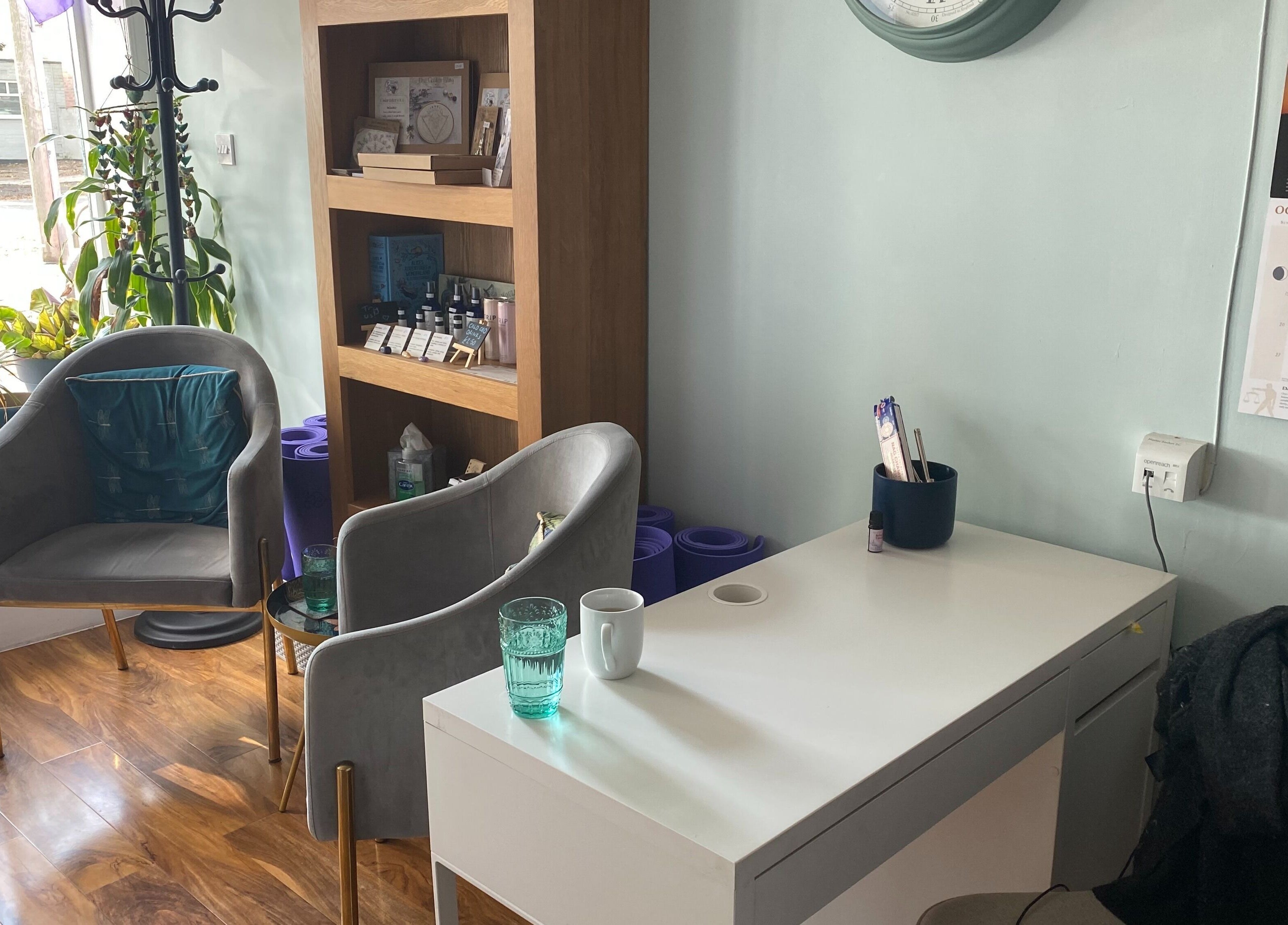Cozy waiting area with chairs and a desk at Wonderland Wellbeing, North Shields, England, GB.