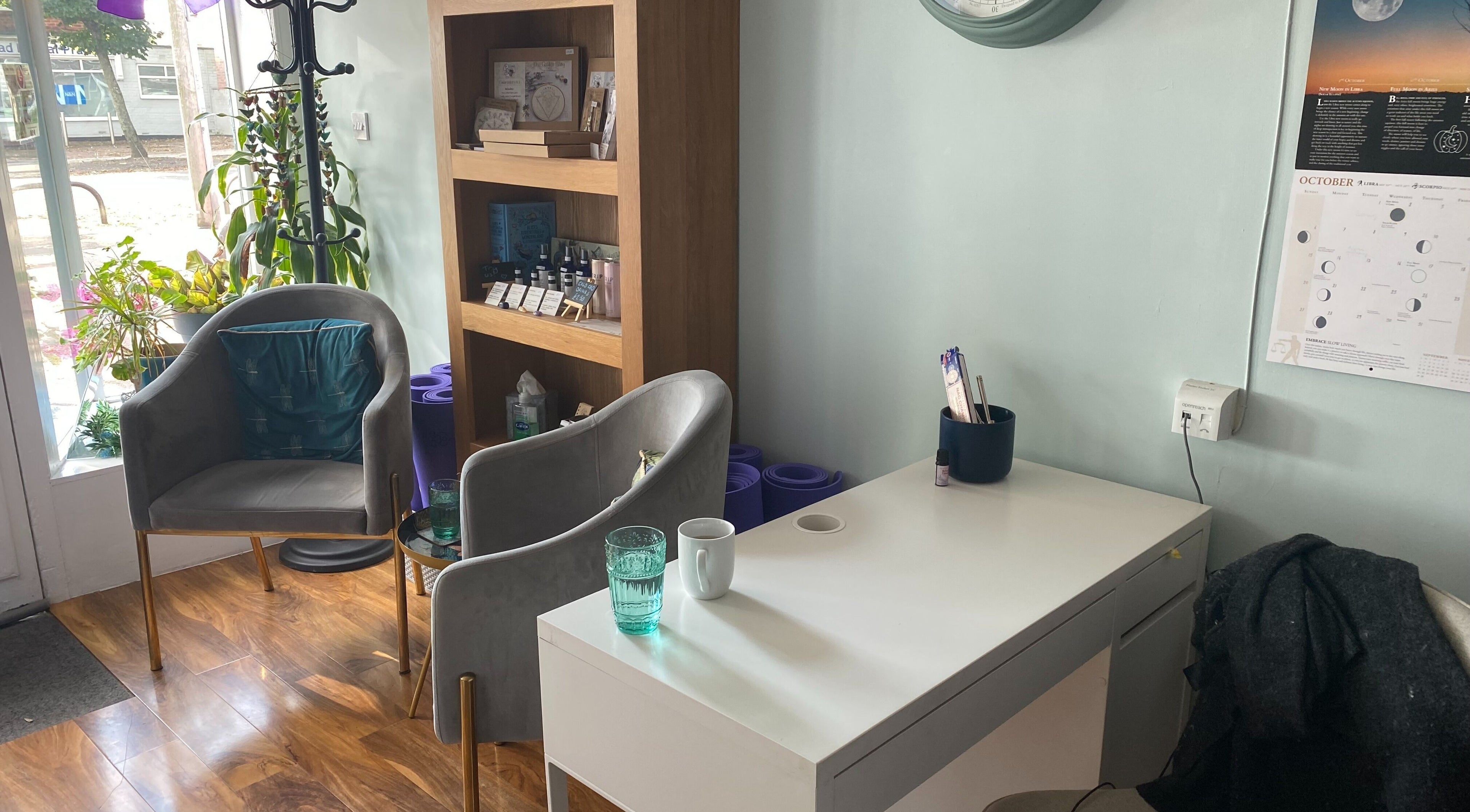 Cozy waiting area with chairs and a desk at Wonderland Wellbeing, North Shields, England, GB.