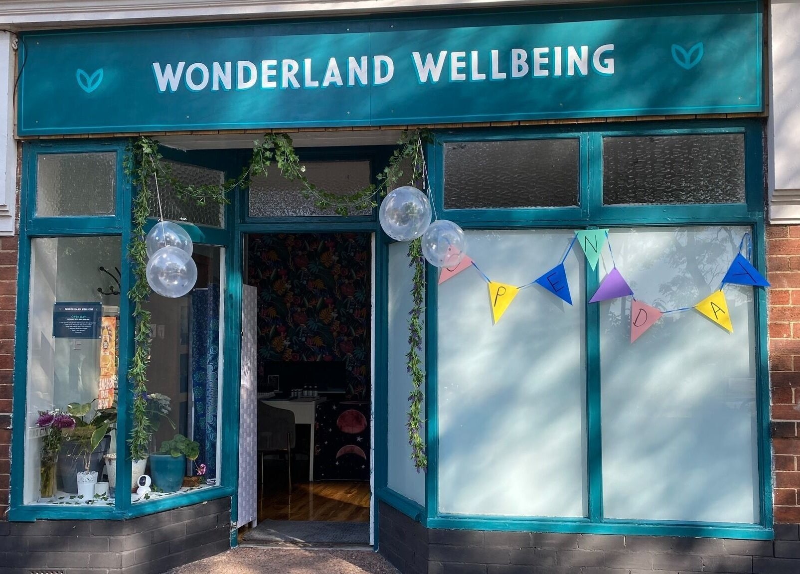 Front of Wonderland Wellbeing in North Shields, England, adorned with festive decorations and welcoming vibes.