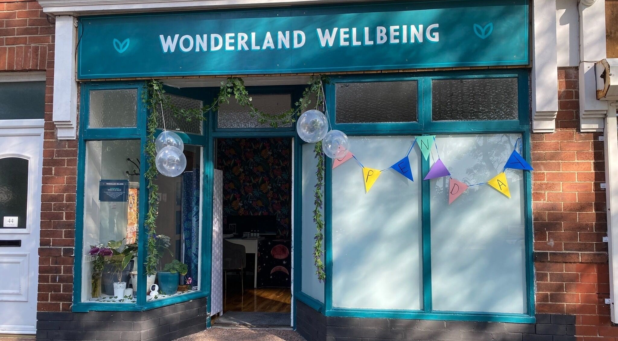 Front of Wonderland Wellbeing in North Shields, England, adorned with festive decorations and welcoming vibes.
