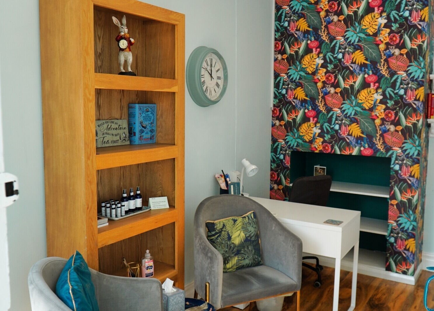 Cozy waiting area with vibrant decor at Wonderland Wellbeing, North Shields, England, GB.