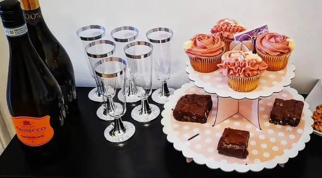 Cupcakes, brownies, and prosecco at Beauty of the Soul Spa Health and Beauty, Dumbarton, Scotland, GB.