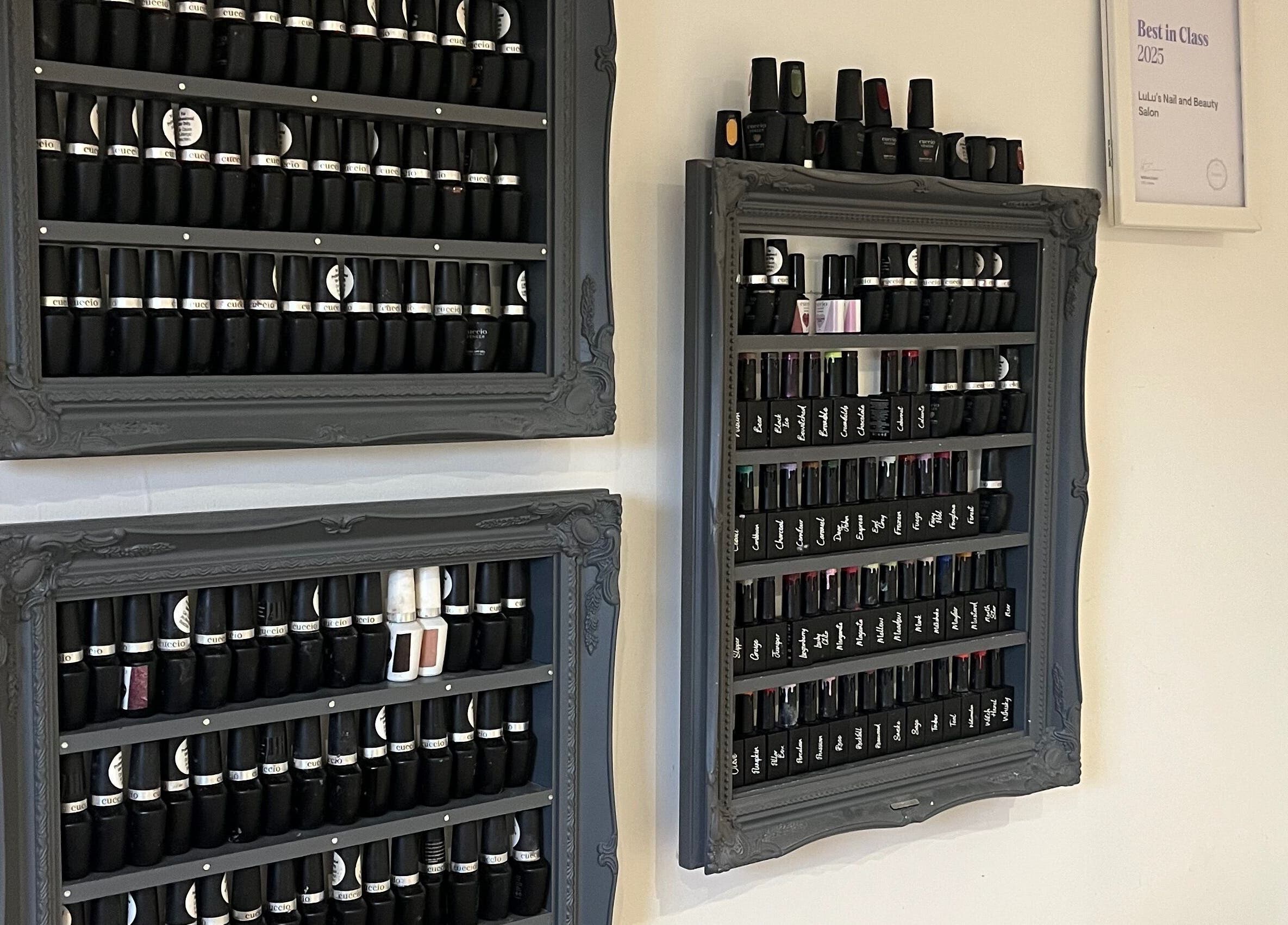 Elegant nail polish displays at LS Beauty and Massage, Linlithgow, Scotland, GB, showcasing a wide selection.