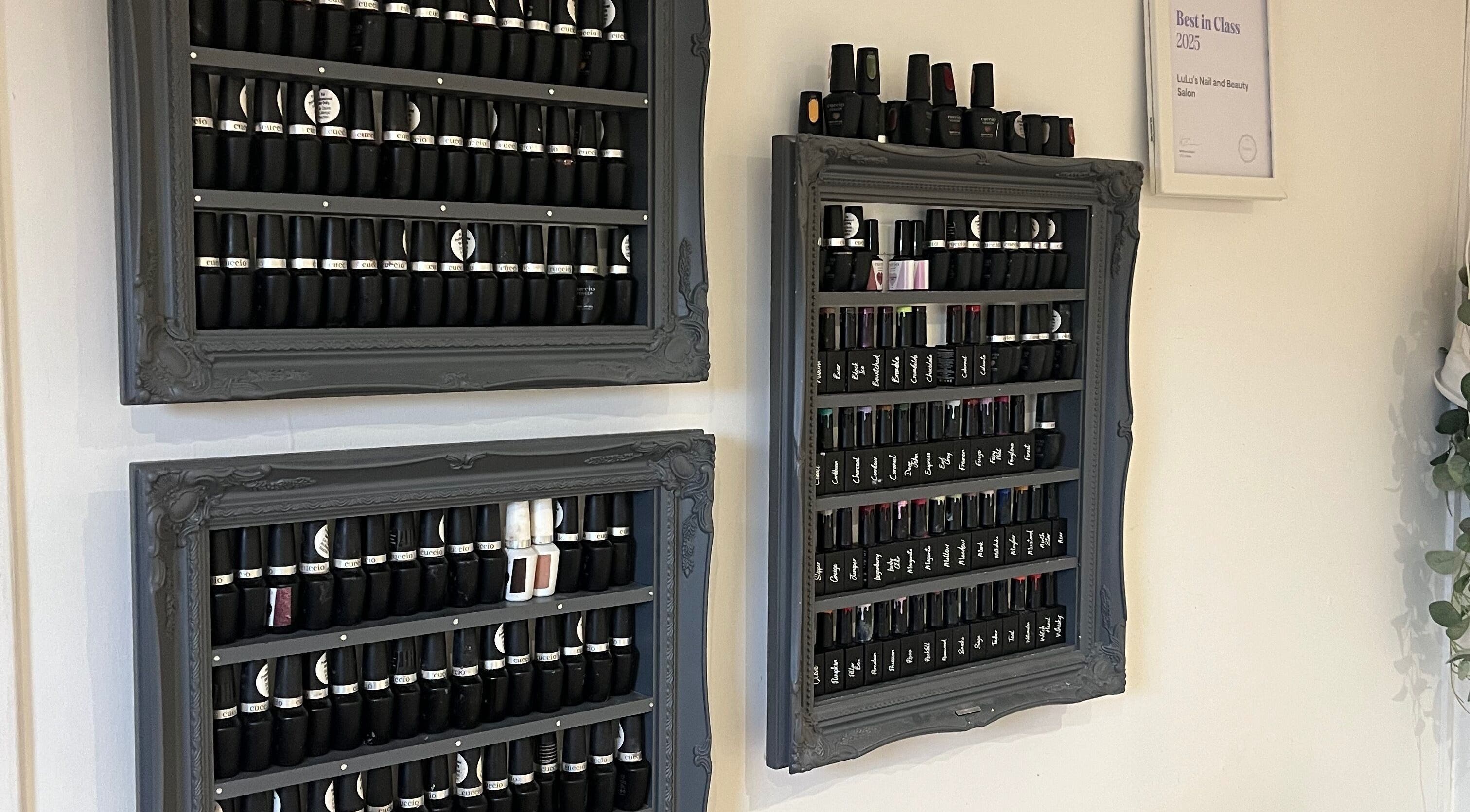 Elegant nail polish displays at LS Beauty and Massage, Linlithgow, Scotland, GB, showcasing a wide selection.