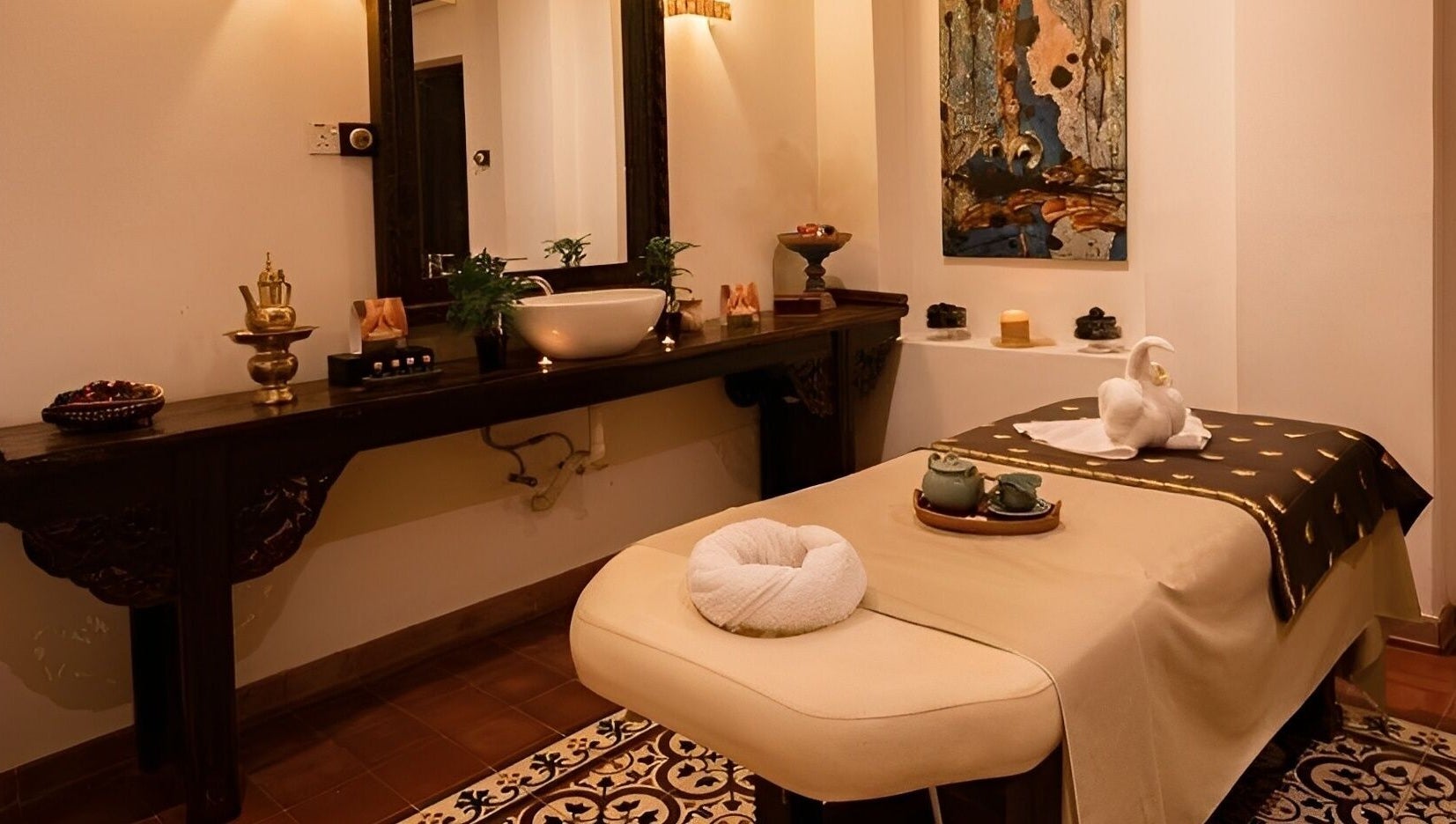 Relaxing massage room at Teratak Spa at Penaga Hotel, George Town, Pulau Pinang, MY with elegant decor.