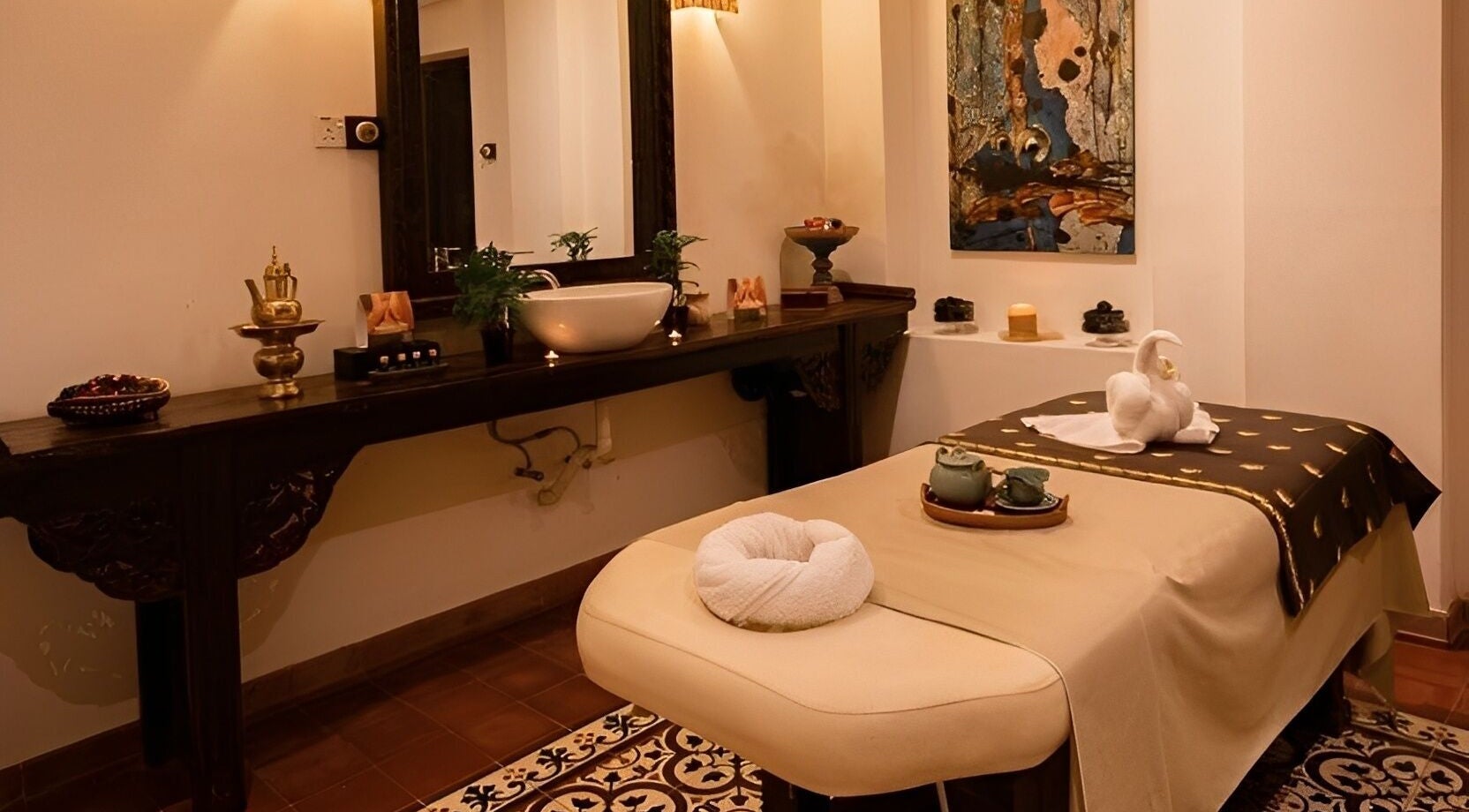 Relaxing massage room at Teratak Spa at Penaga Hotel, George Town, Pulau Pinang, MY with elegant decor.