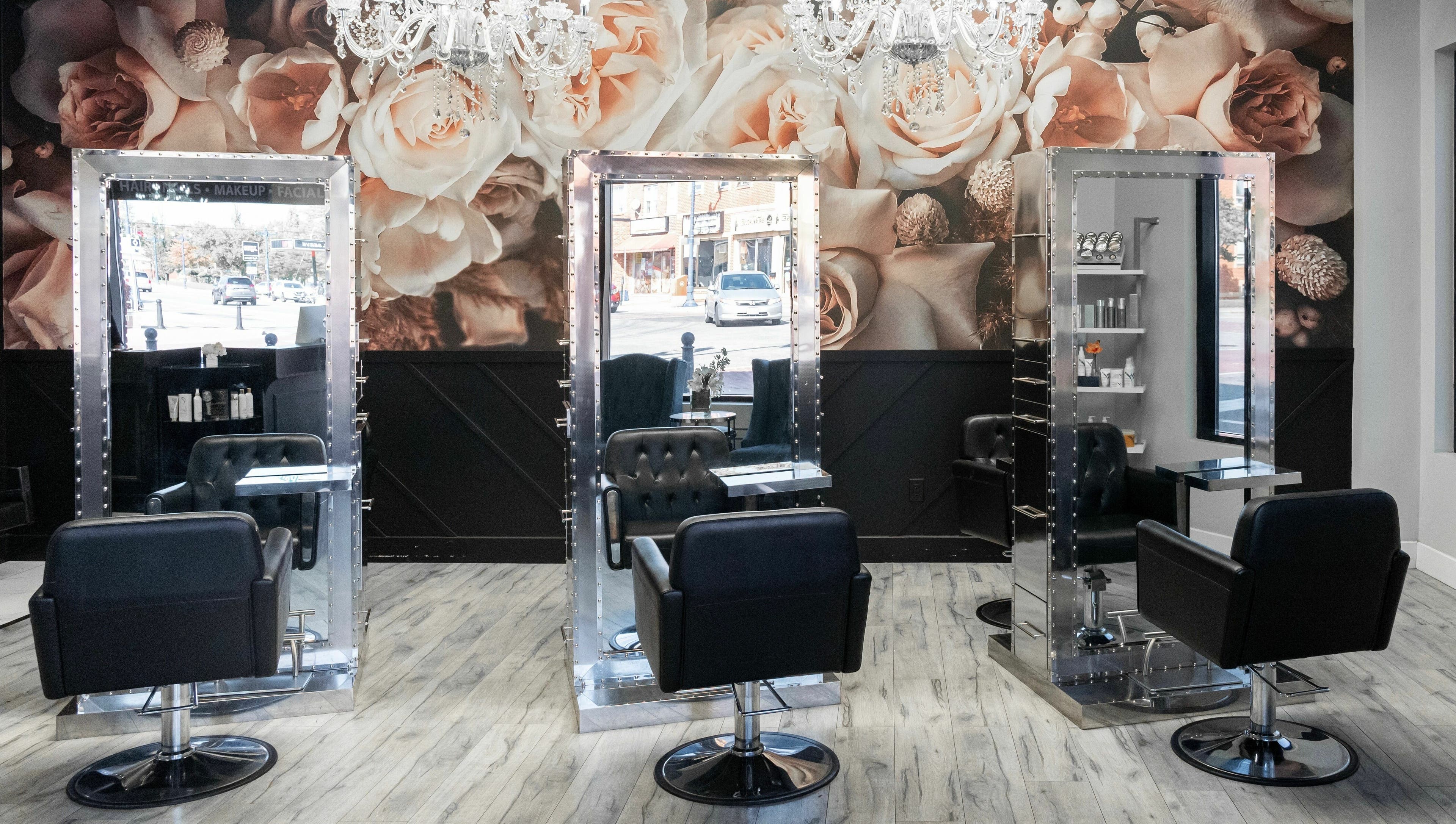 Elegant styling chairs and mirrors at Elysian Beauty Bar Inc, Windsor, Ontario, CA, showcasing luxury decor.