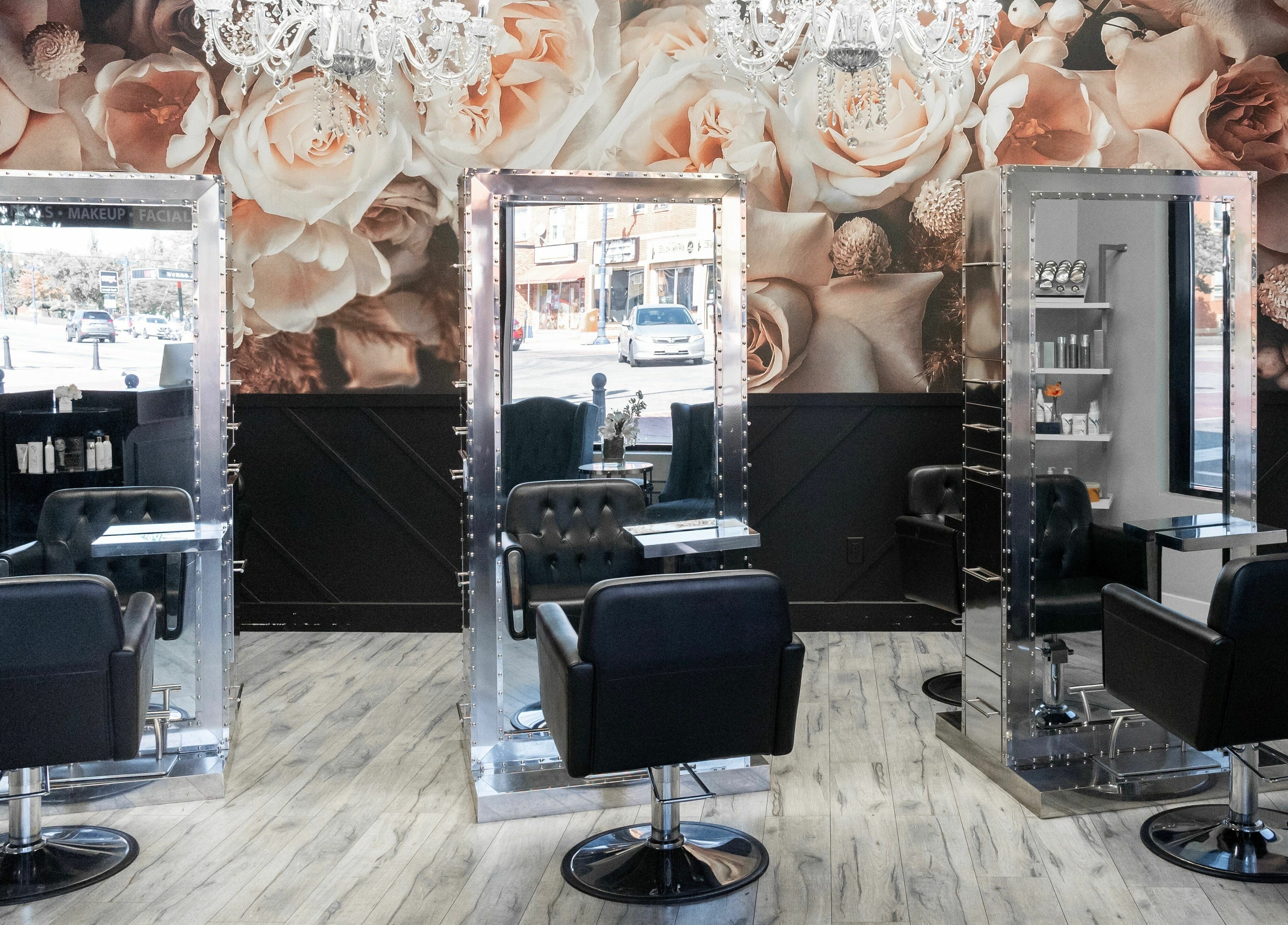 Elegant styling chairs and mirrors at Elysian Beauty Bar Inc, Windsor, Ontario, CA, showcasing luxury decor.