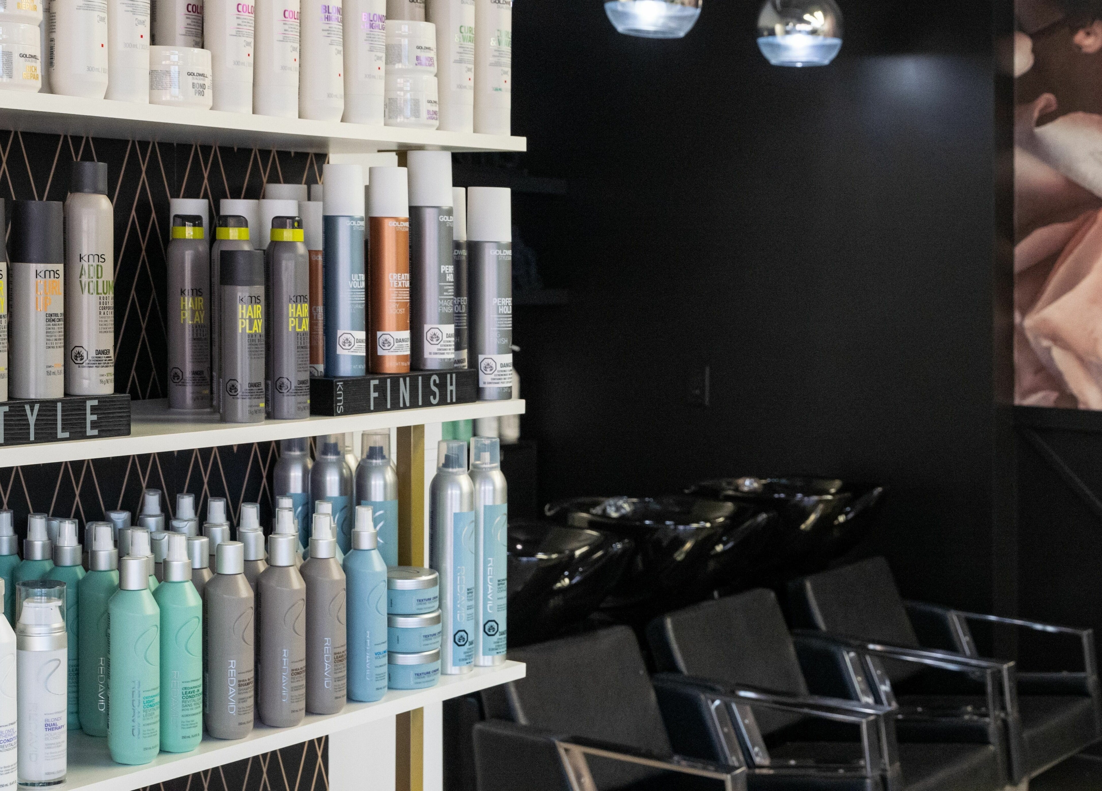 Product shelves at Elysian Beauty Bar Inc in Windsor, Ontario, CA display premium haircare products.