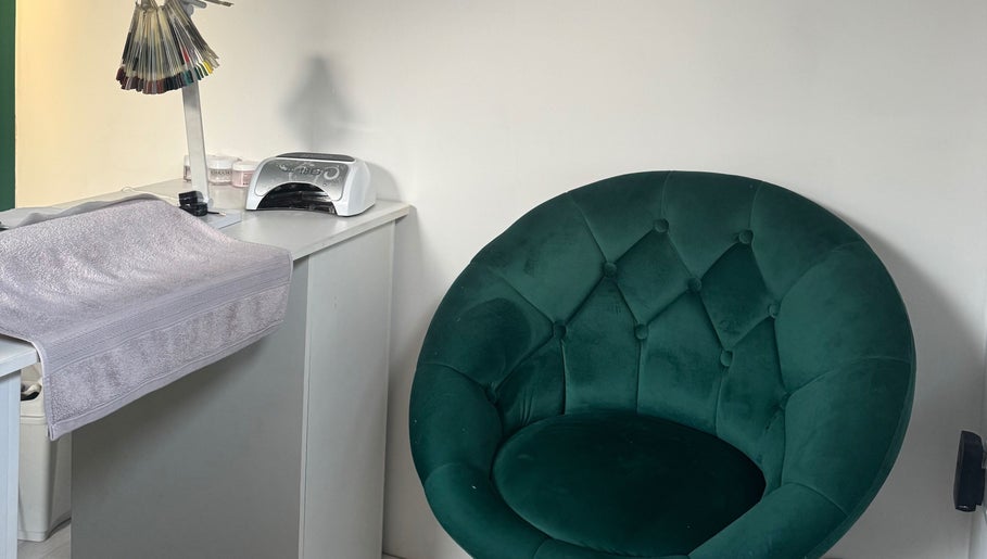 Elegant green chair and nail table at Balanced Within By Jade, Bristol, England, GB.