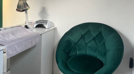 Elegant green chair and nail table at Balanced Within By Jade, Bristol, England, GB.