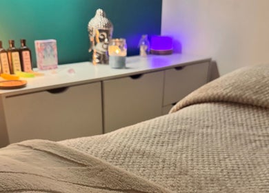 Relaxing massage room at Balanced Within By Jade, Bristol, England, GB with soft lighting and calming decor.