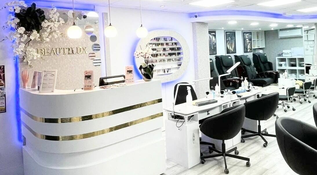 Interior of Beautilux Nails Spa Crumlin Dublin, showcasing chic design and elegant nail stations, Dublin 12, IE.