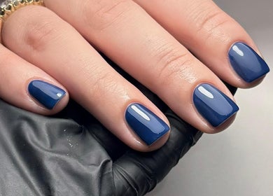 Glossy blue nails styled at The Nail Room Lytham | Salon & Academy in Lytham Saint Annes, England, GB.