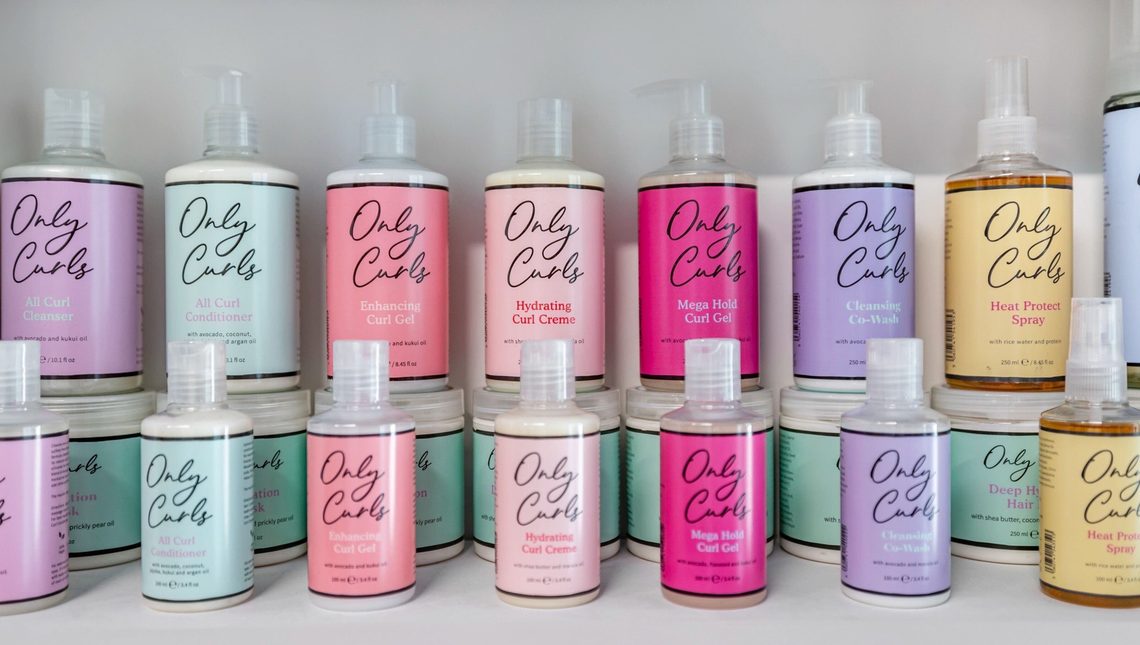 Only Curls product display at Curl Power by Elaine in London, England, GB, showcasing diverse curl care items.