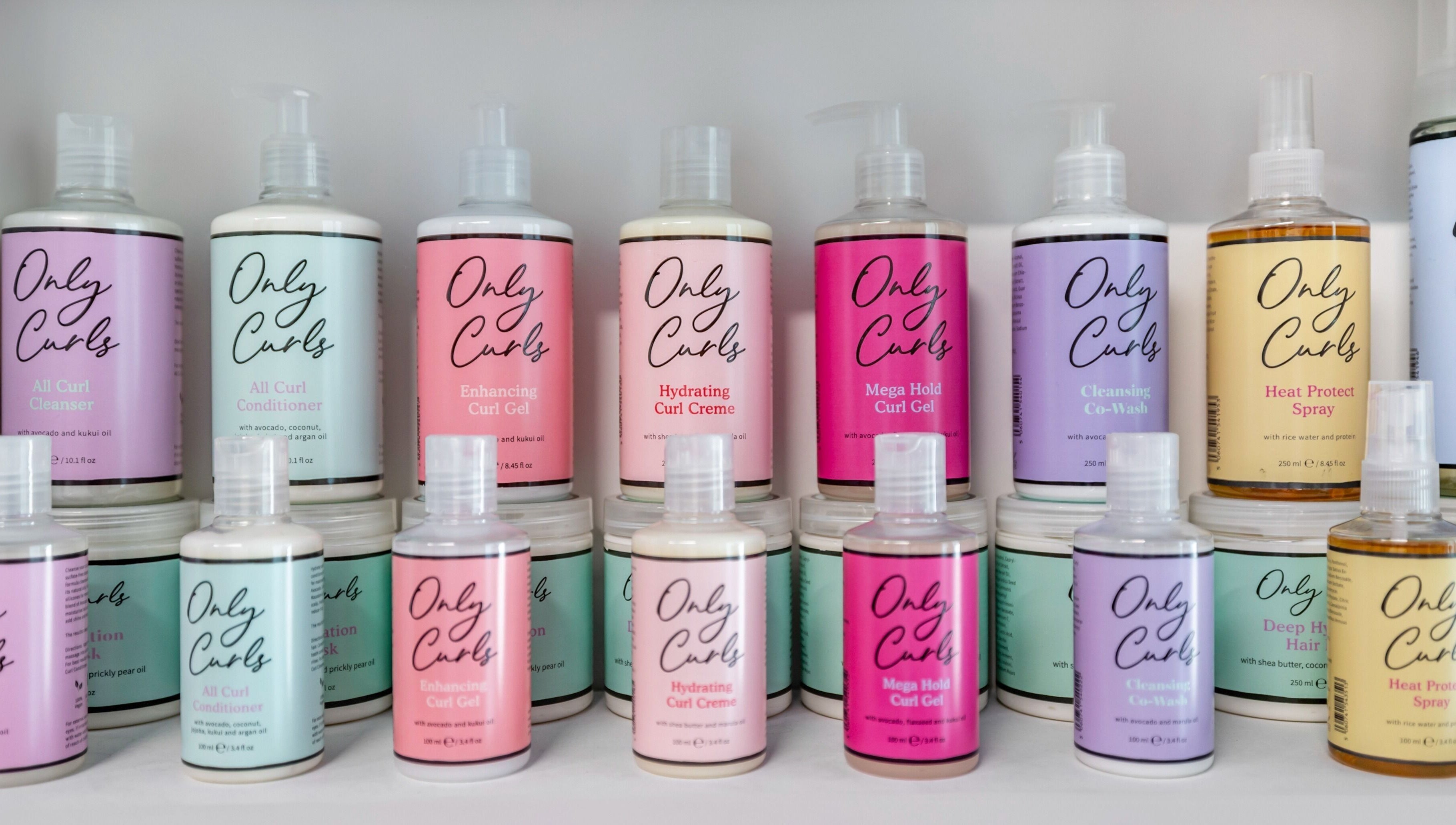 Only Curls product display at Curl Power by Elaine in London, England, GB, showcasing diverse curl care items.