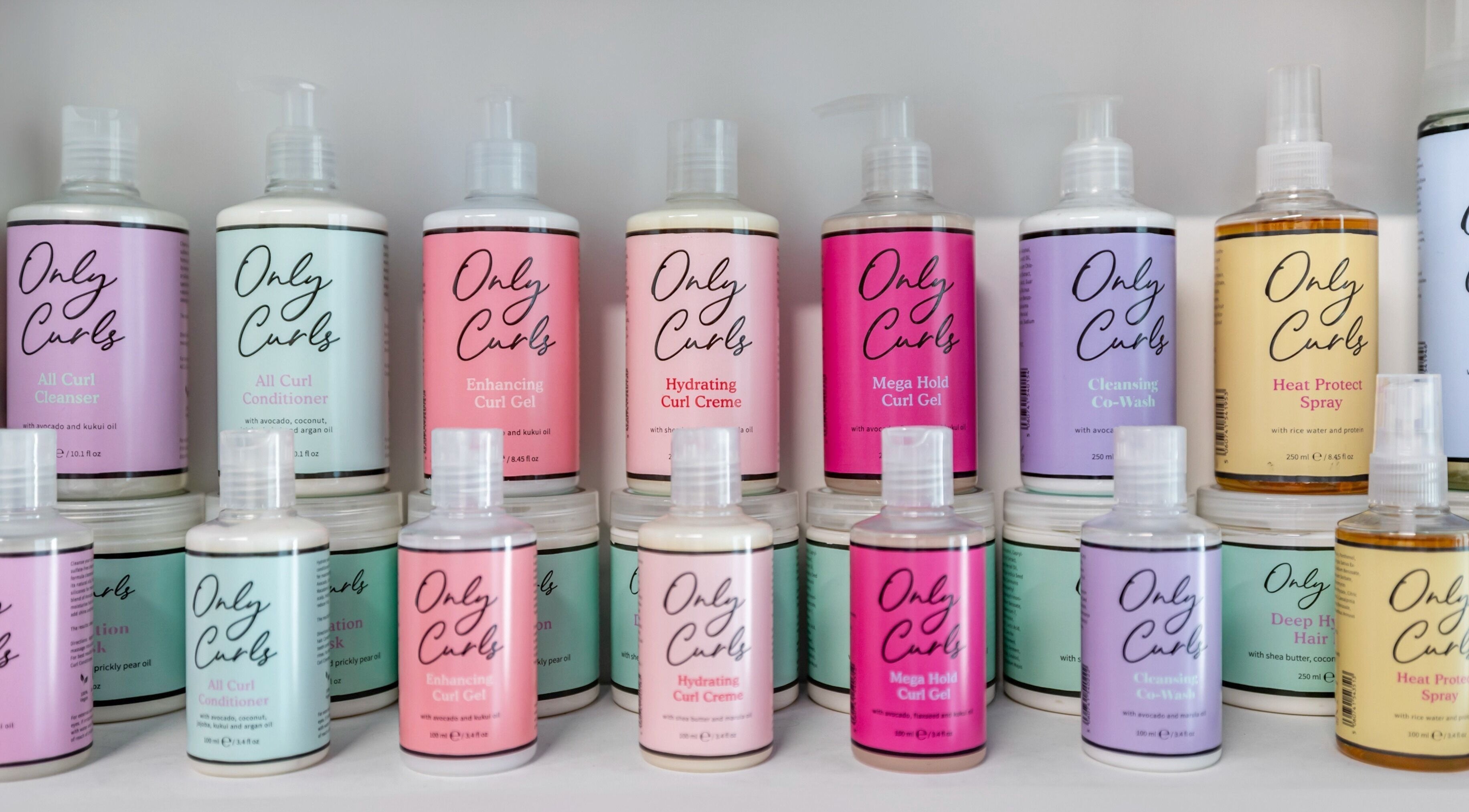 Only Curls product display at Curl Power by Elaine in London, England, GB, showcasing diverse curl care items.