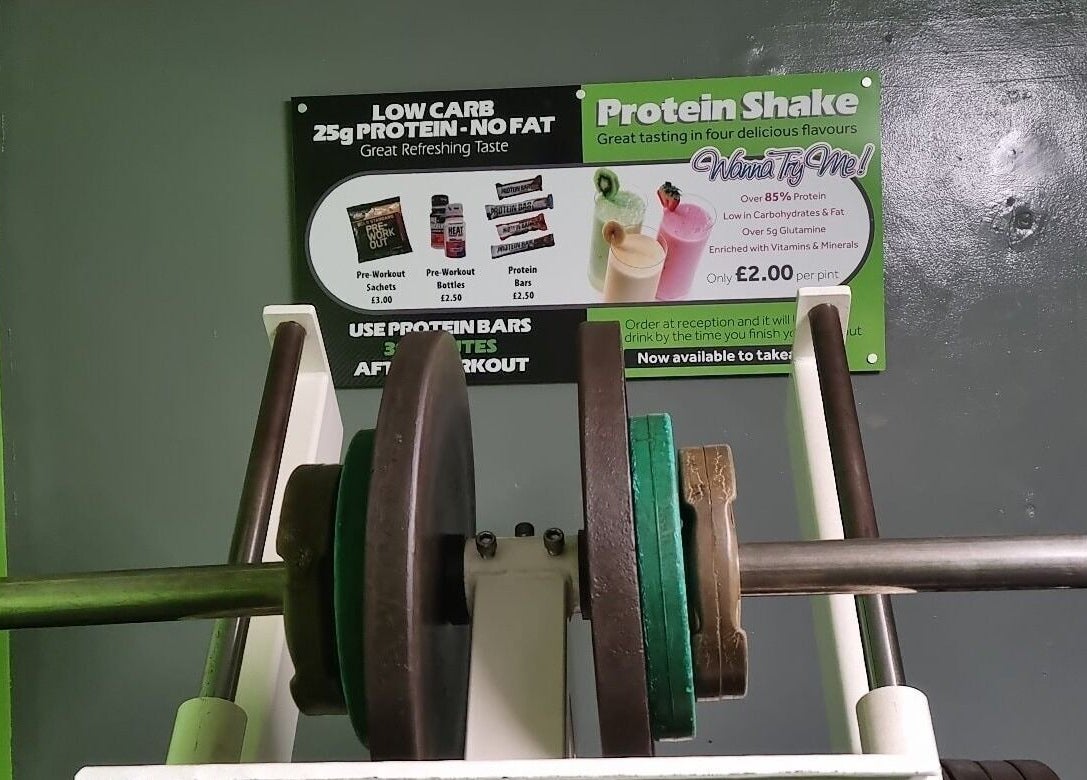 Protein shake and supplement display at Gn Fitness, Great Yarmouth, England, GB.