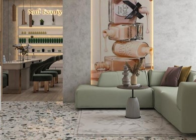 Elegant interior of Polish Beauty Lounge Salon in Umm Al Quwain, AE, featuring modern seating and nail bar.