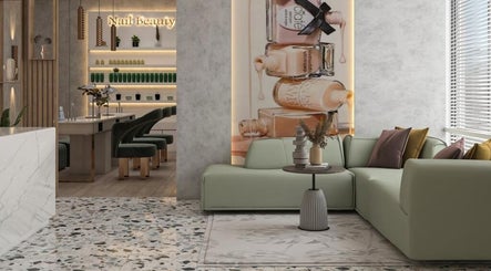 Elegant interior of Polish Beauty Lounge Salon in Umm Al Quwain, AE, featuring modern seating and nail bar.