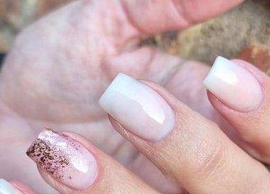 Close-up of metallic glitter nails at Monè Lake Nail Artist, Mashishing, Mpumalanga, ZA.