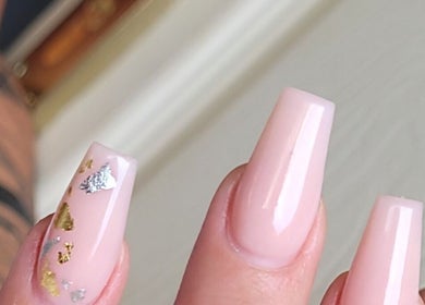 Elegant pink nails with gold flakes at Monè Lake Nail Artist, Mashishing, Mpumalanga, ZA.