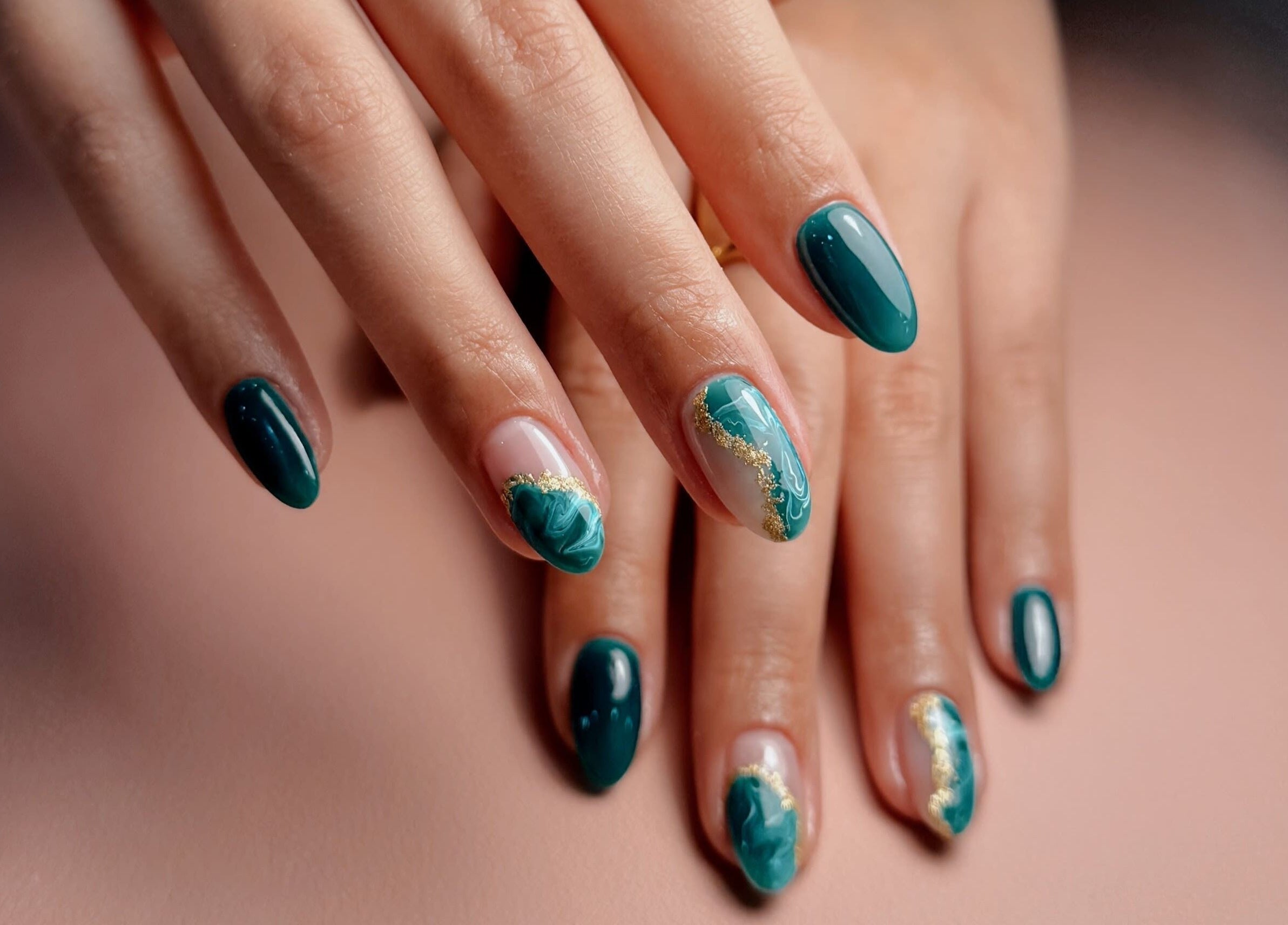Stunning emerald nail art at Lish Beauty Bar - JLT, Dubai, Dubai, AE, showcasing intricate gold accents.