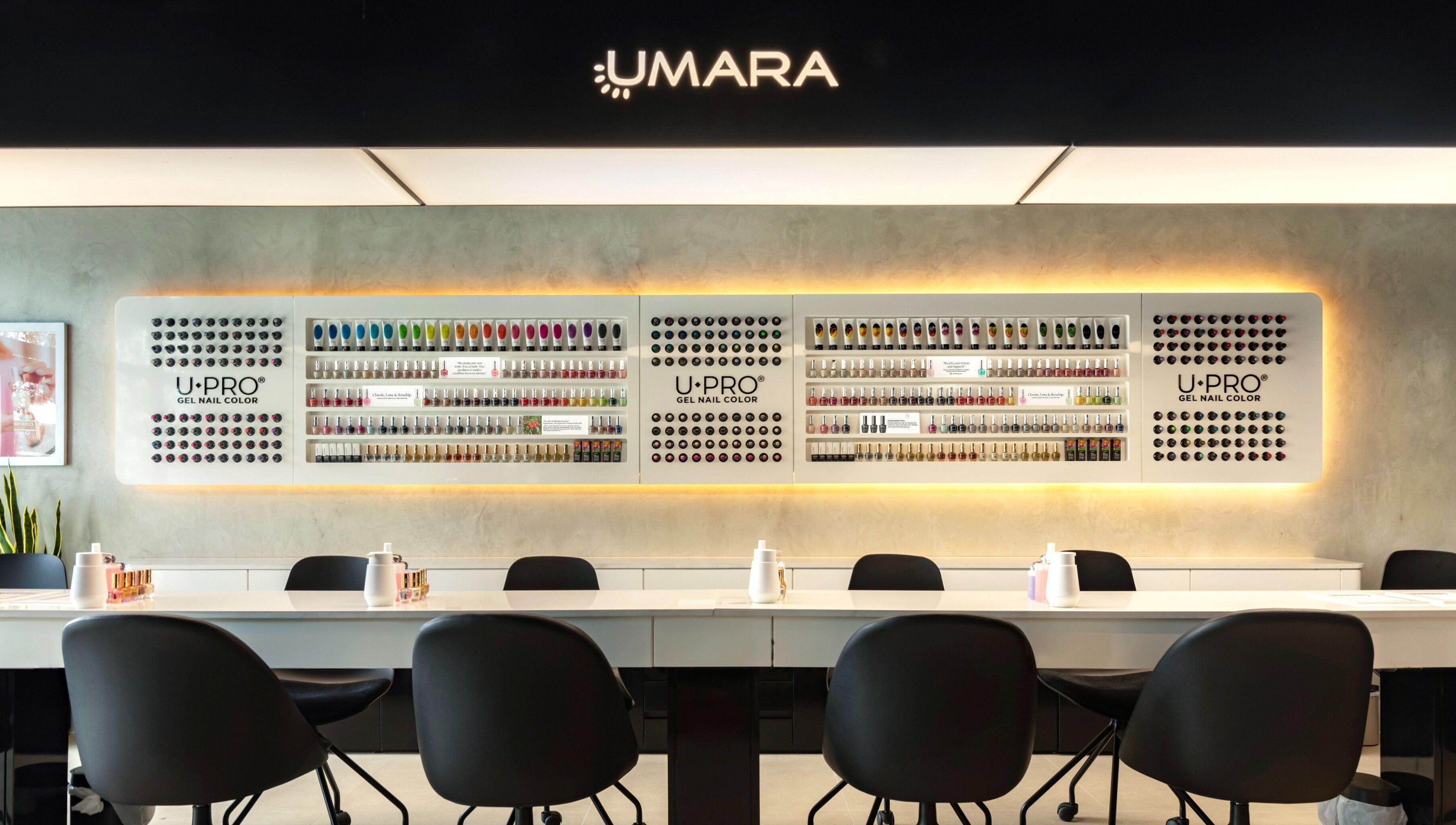UMARA nail salon interior showcasing U-PRO gel colors in Miami, Florida, US.