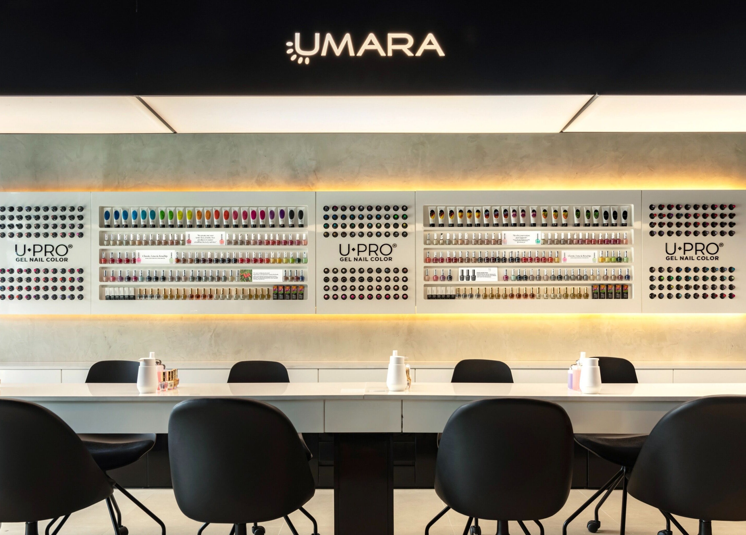 UMARA nail salon interior showcasing U-PRO gel colors in Miami, Florida, US.