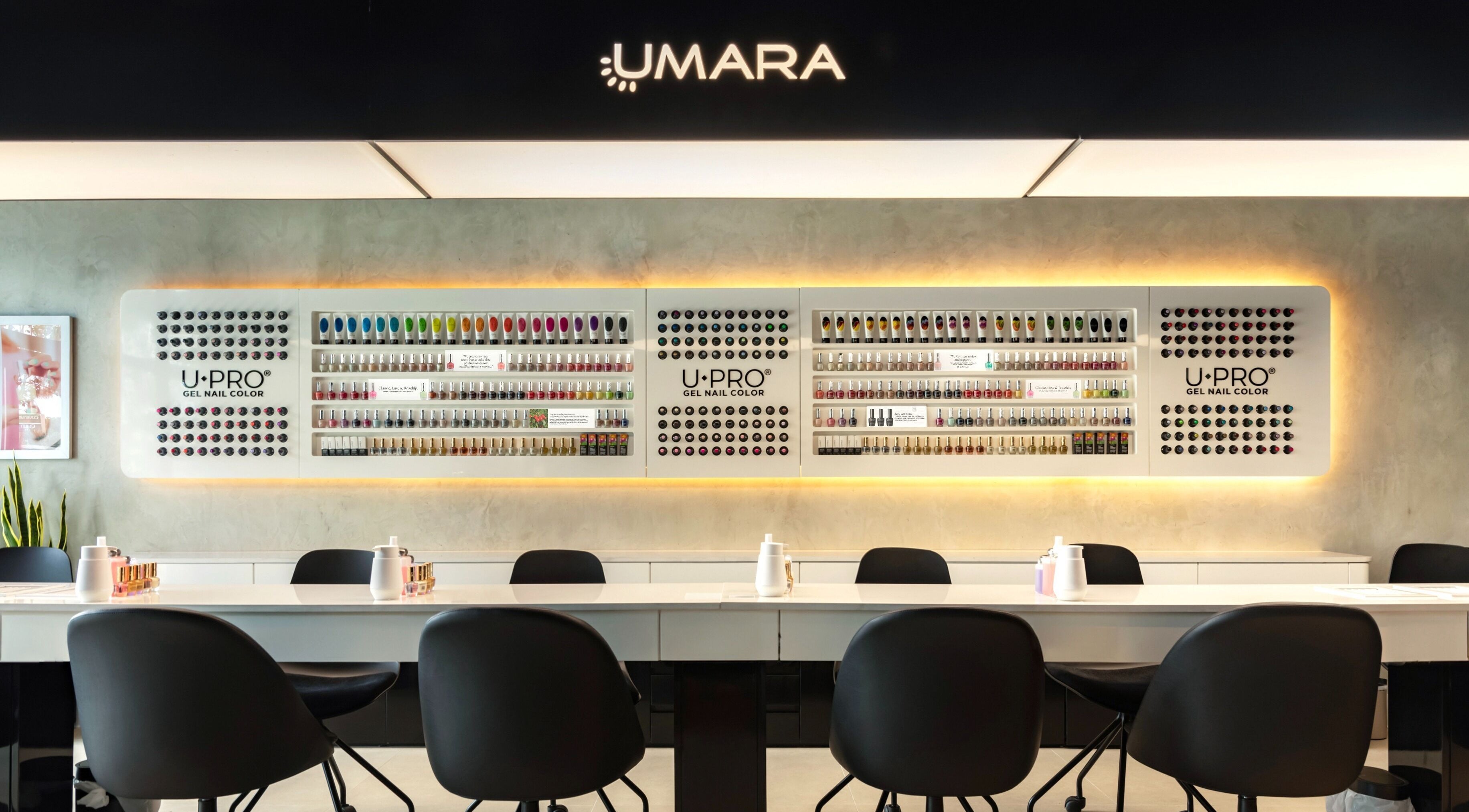UMARA nail salon interior showcasing U-PRO gel colors in Miami, Florida, US.