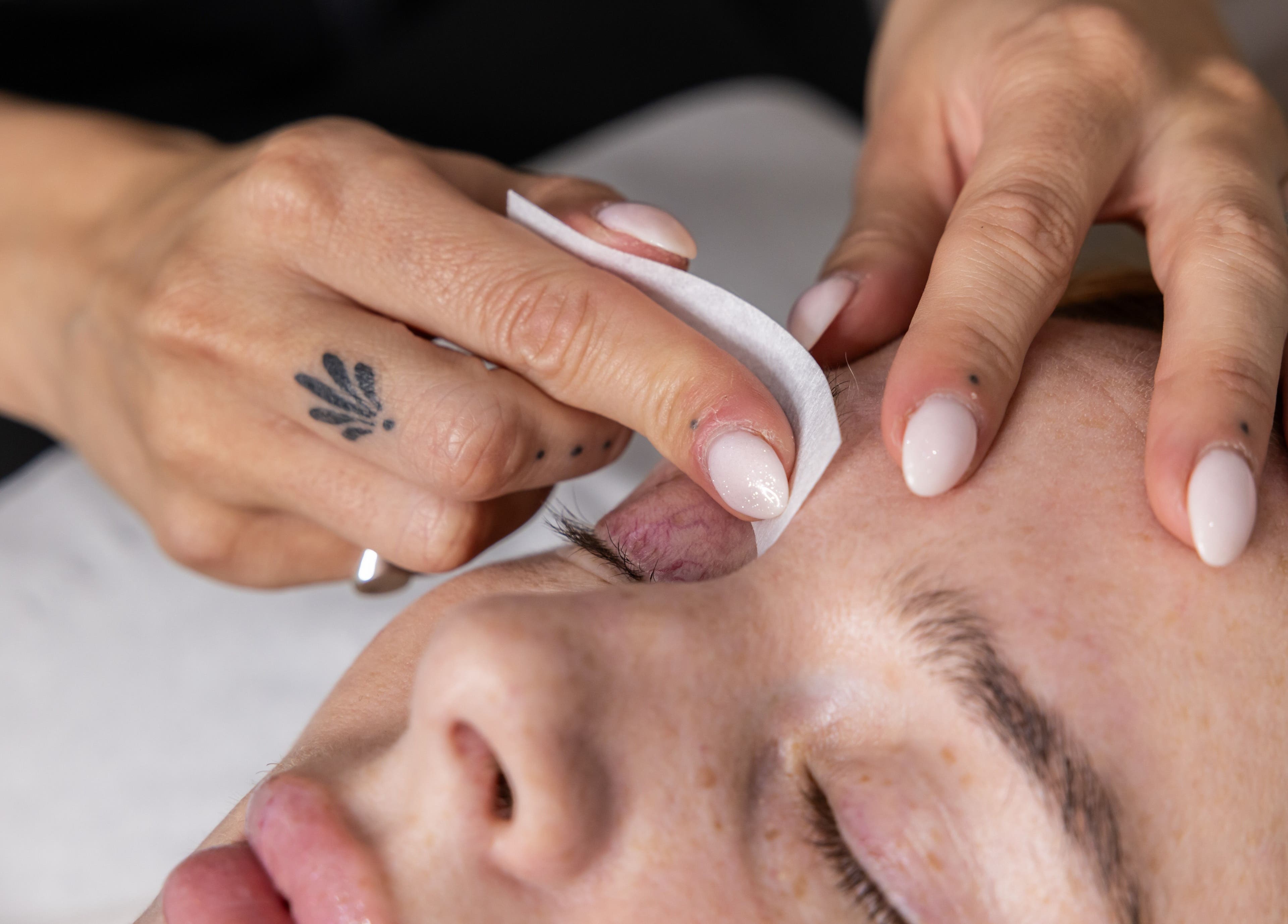 Close-up of eyebrow treatment at Bare Beauty, Edinburgh, Scotland, GB, showcasing expert care and precision.