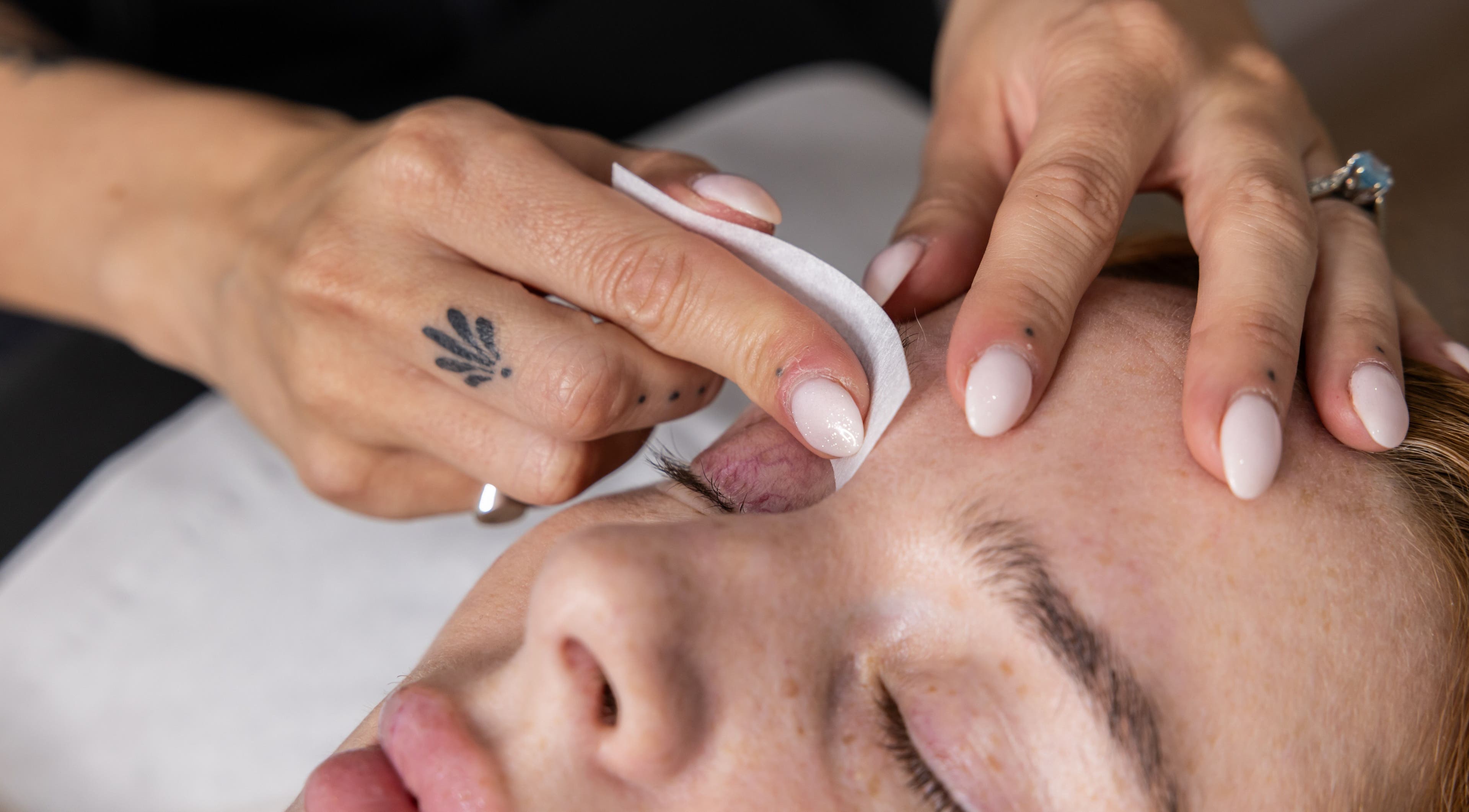 Close-up of eyebrow treatment at Bare Beauty, Edinburgh, Scotland, GB, showcasing expert care and precision.