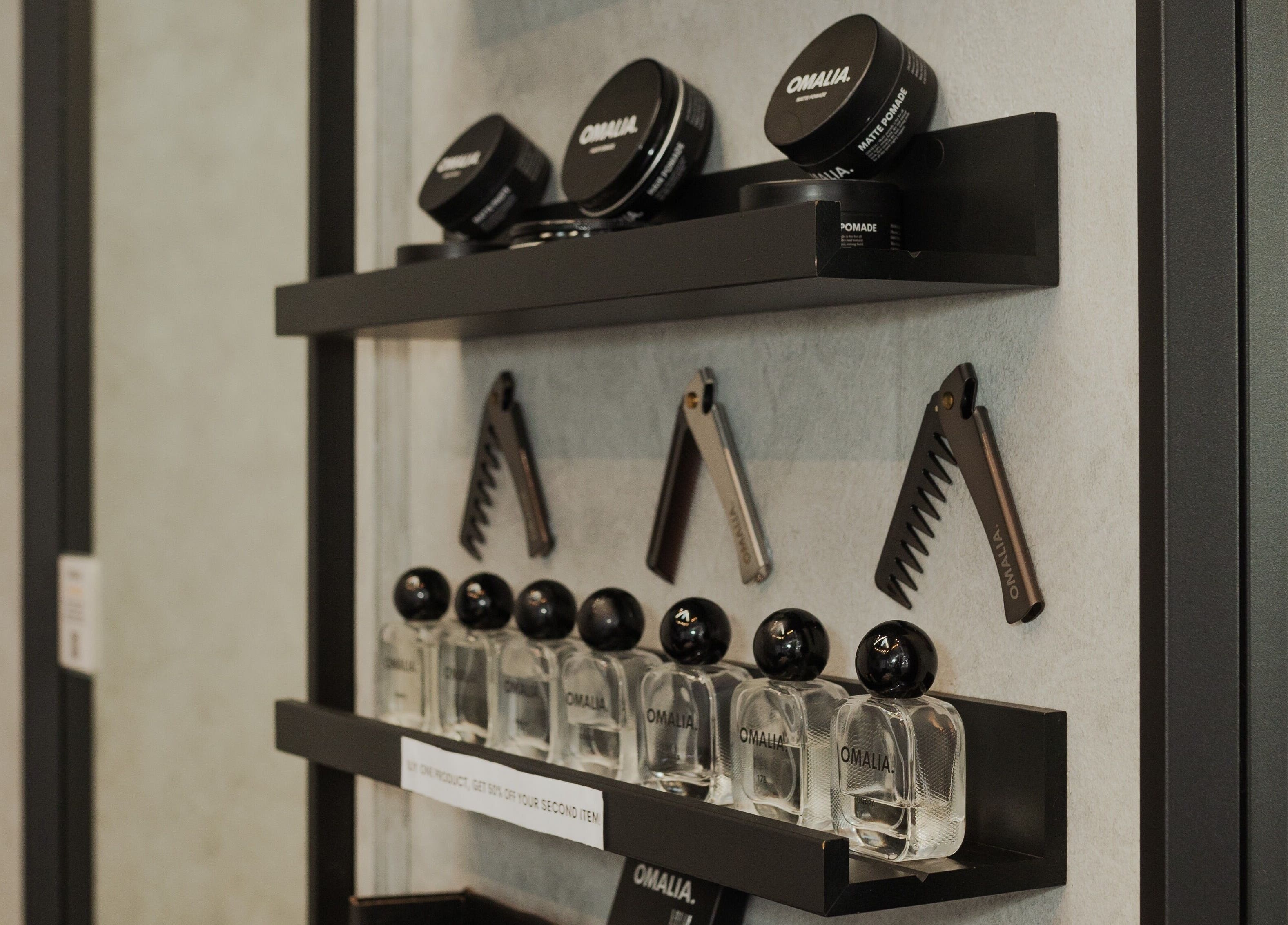 OMALIA. ST LEONARDS shelves with stylish grooming products, located in St Leonards, New South Wales, AU.