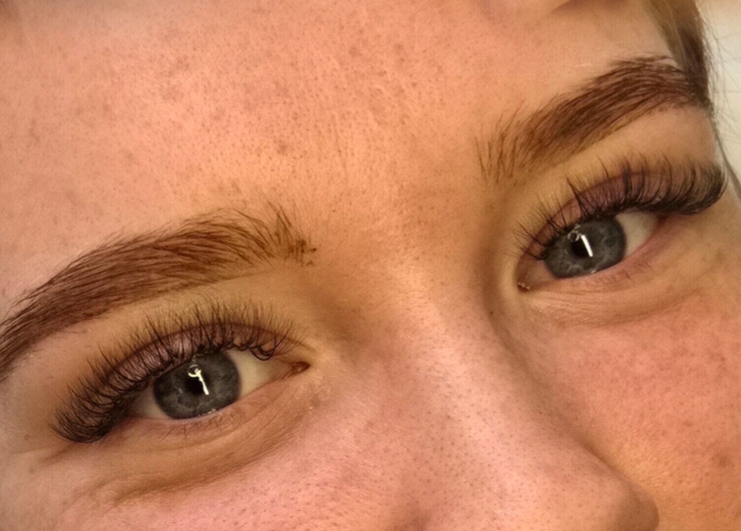 Close-up of styled lashes and brows at Lioness' Den in Elland, England, GB.